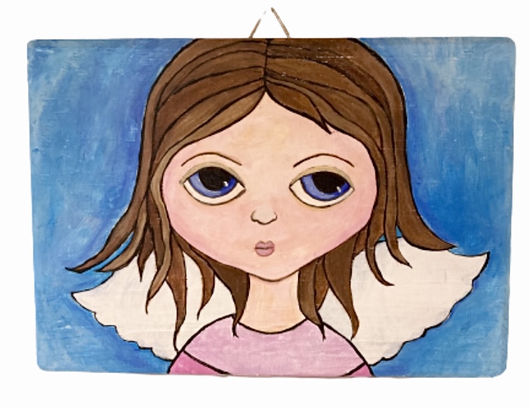 Anděl dárek ručně malovaný obraz na desce