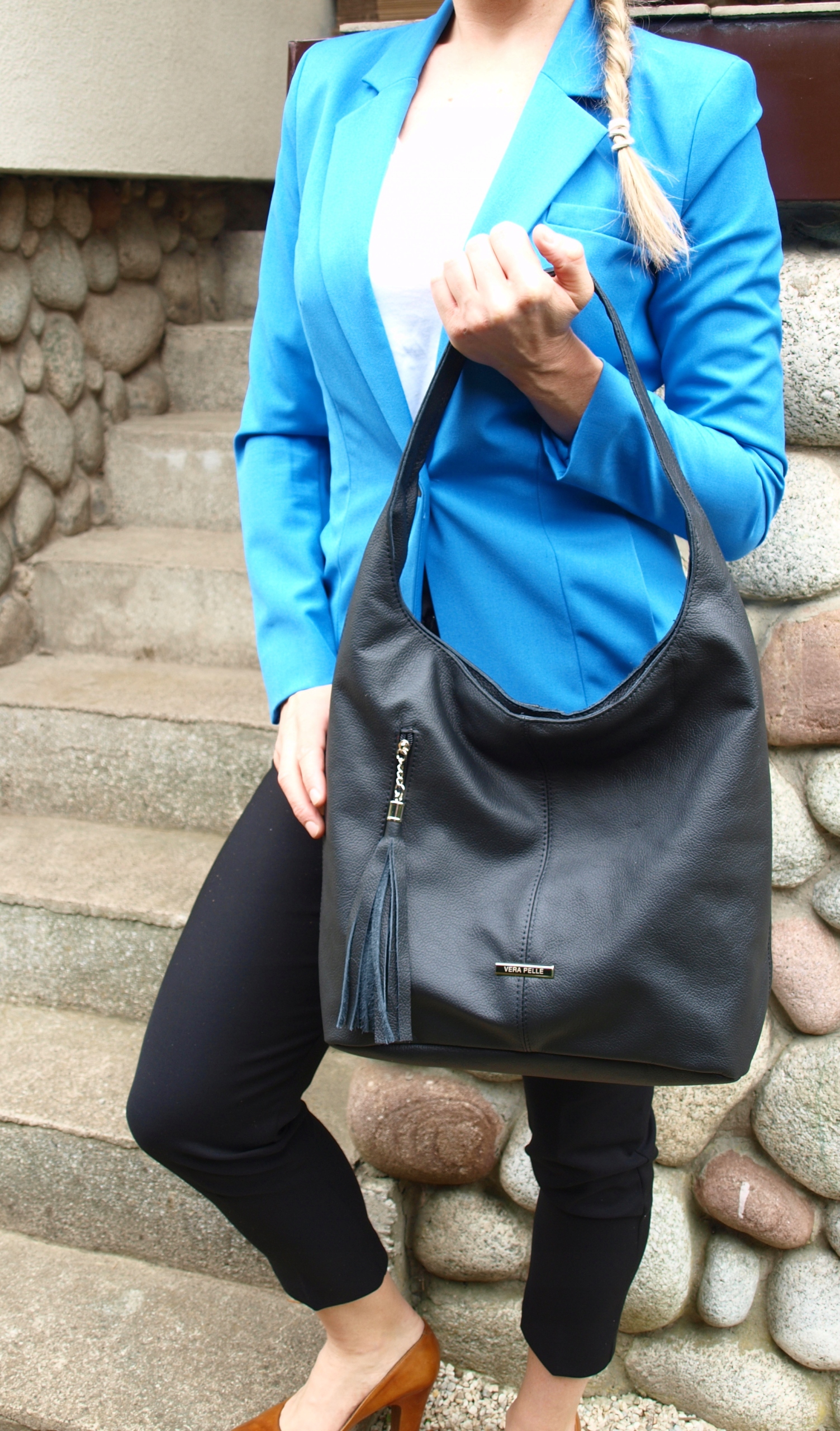 Torebka Skórzana Worek Skóra Naturalna Vera Pelle Wzór dominujący bez wzoru