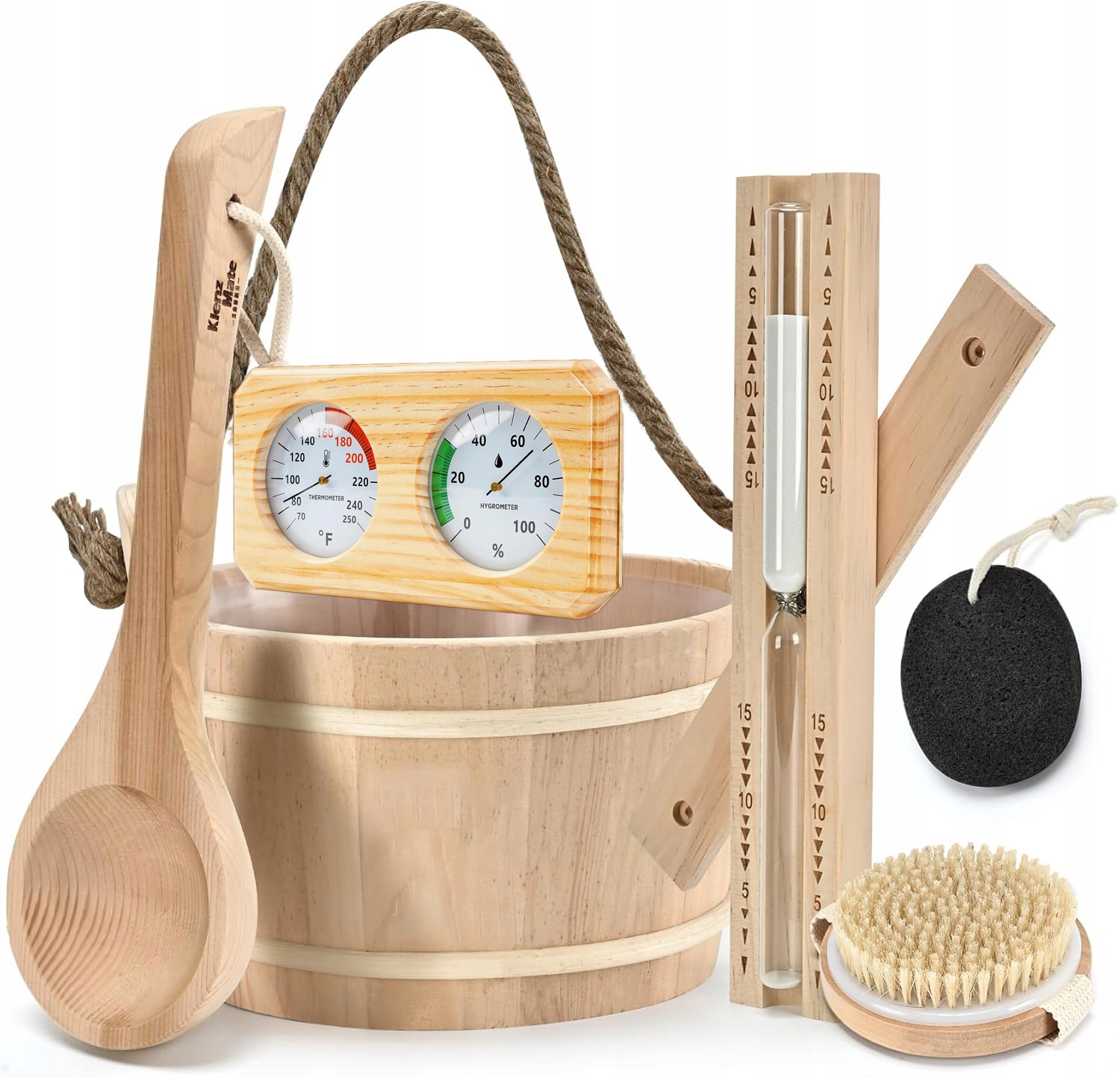 ZESTAW AKCESORIÓW DO SAUNY WIADRO KLEPSYDRA ŁYŻKA TERMOMETR 6 EL