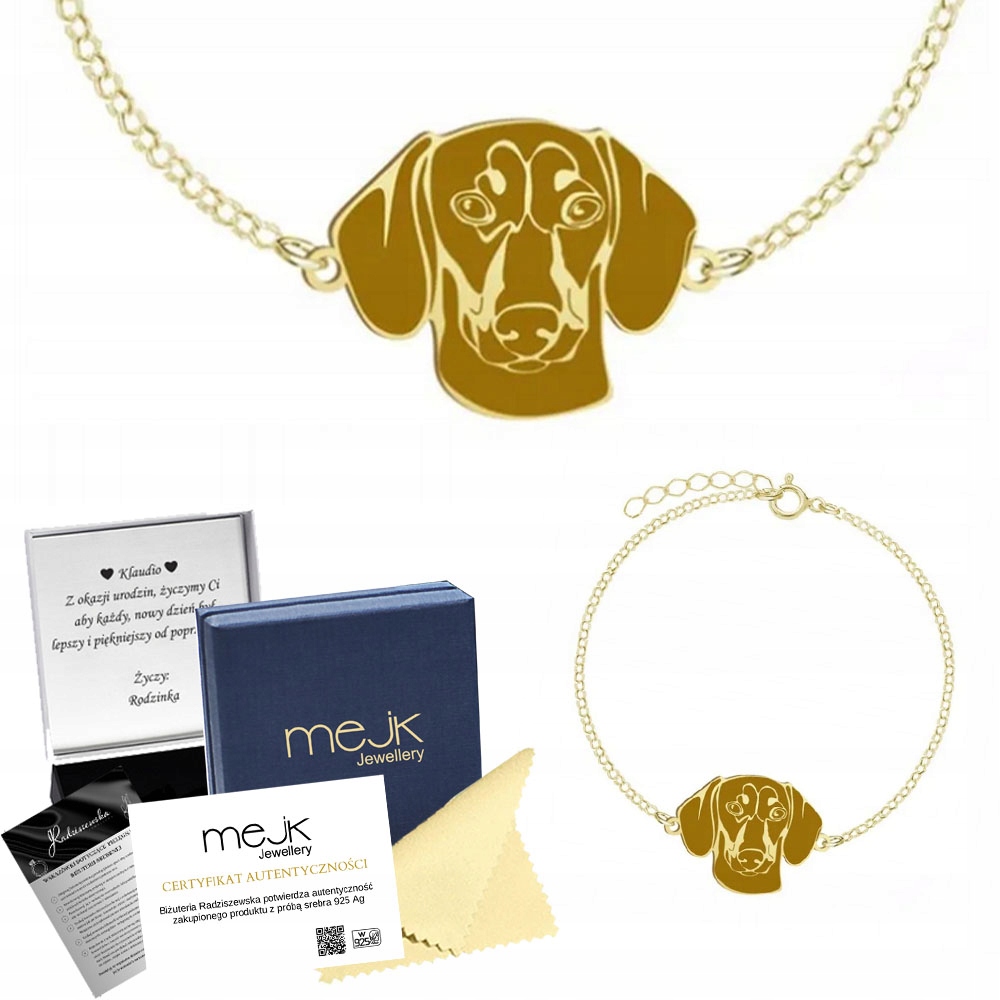 Zlatý náramek s psem Jezevčík krátkosrstý 925 Dárek Žena Gravírování