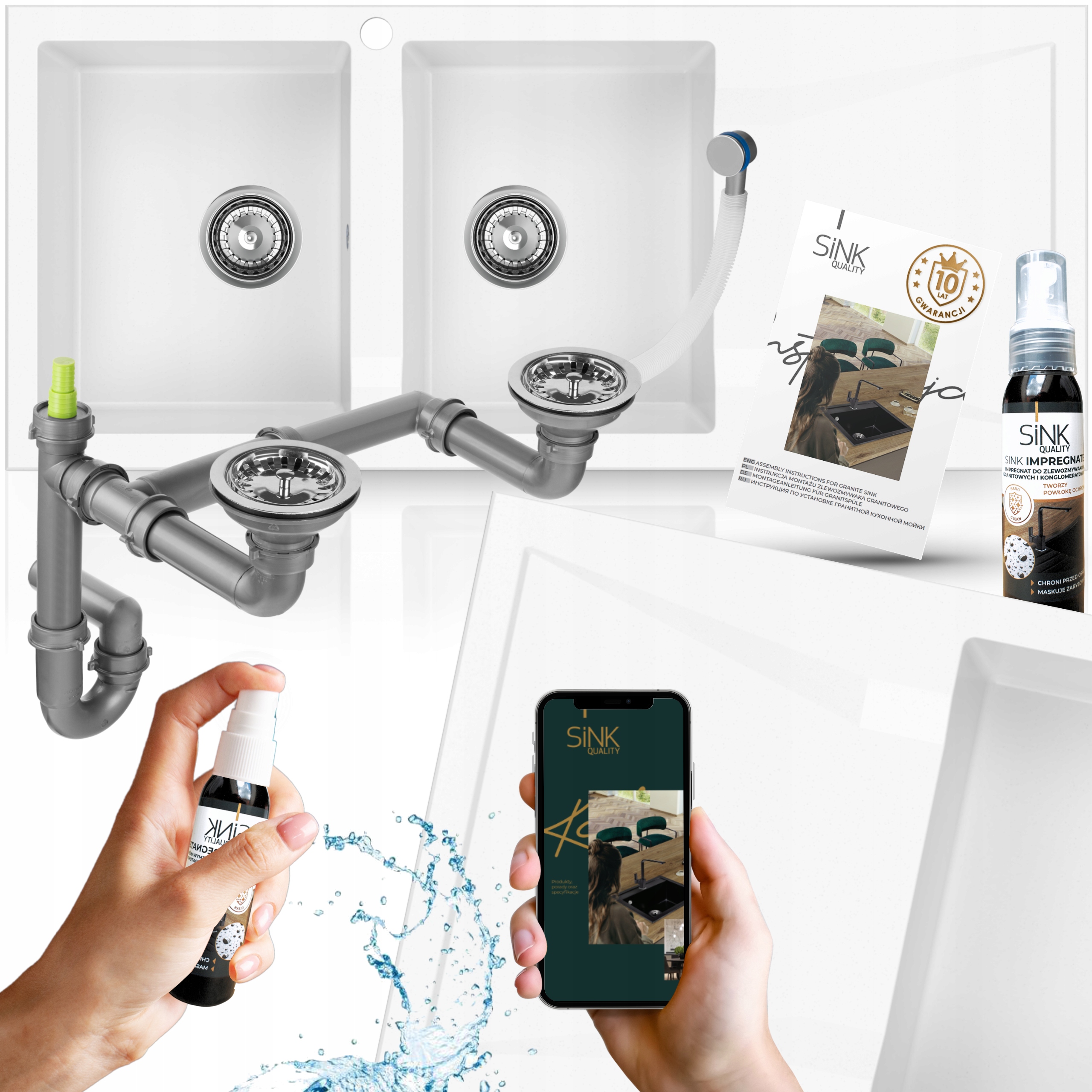 Granitový drez Biely 2 Komorový s odkvapkávačom 120x50, skrinka 80 cm