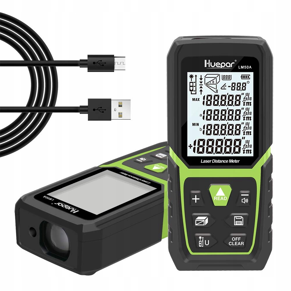 HUEPAR Dalmierz Laserowy 50M Li-Ion LCD Pomiar Odległości Powierzchni — miniatura 2