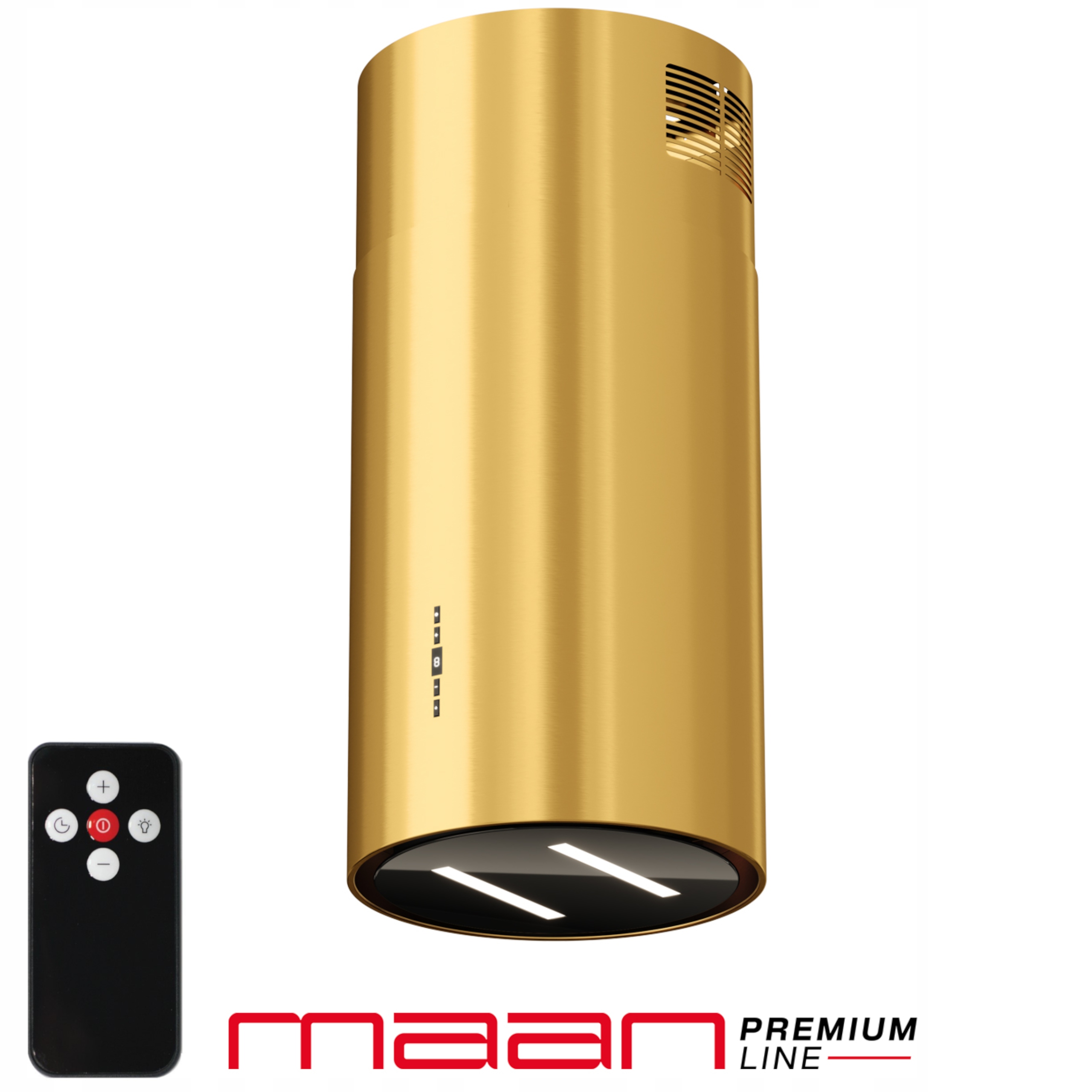 Okap kuchenny Wyspowy Kominowy 39 cm Tuba Maan Malwa Złoty Szkło Pasek Led