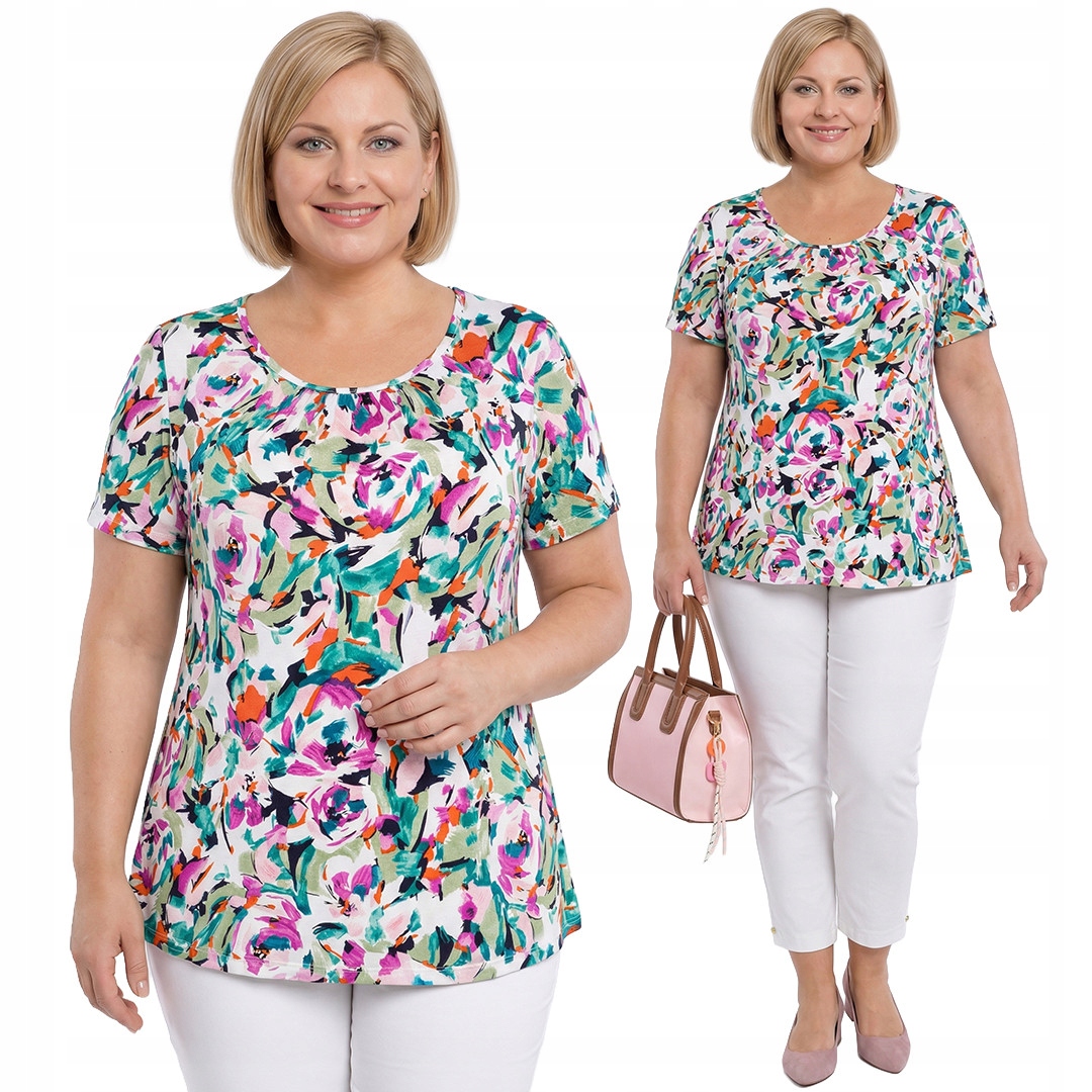 Růžovo-zelené tričko s plus size vzory velikost 60