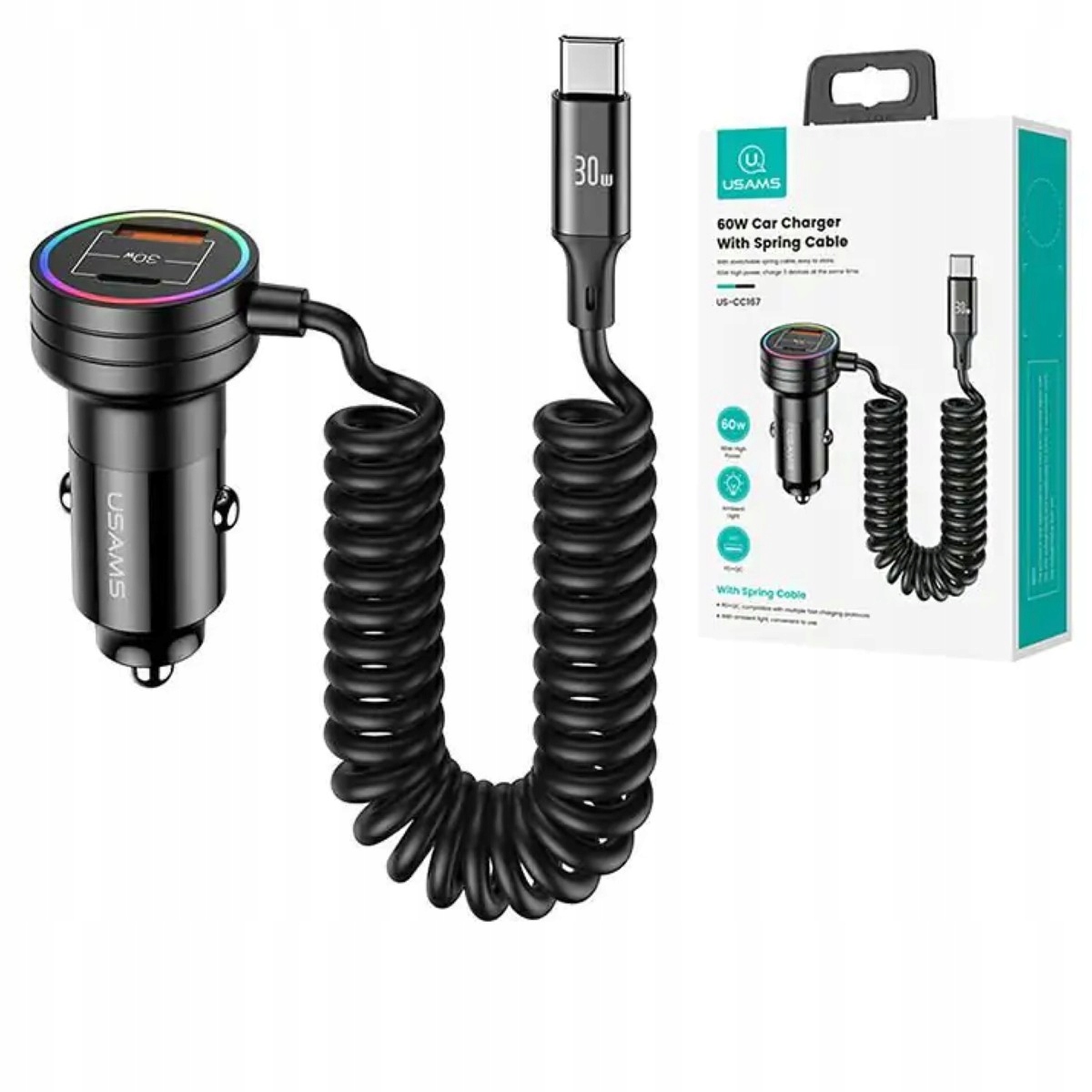 Ładowarka samochodowa USAMS 60W USB USB-C LED