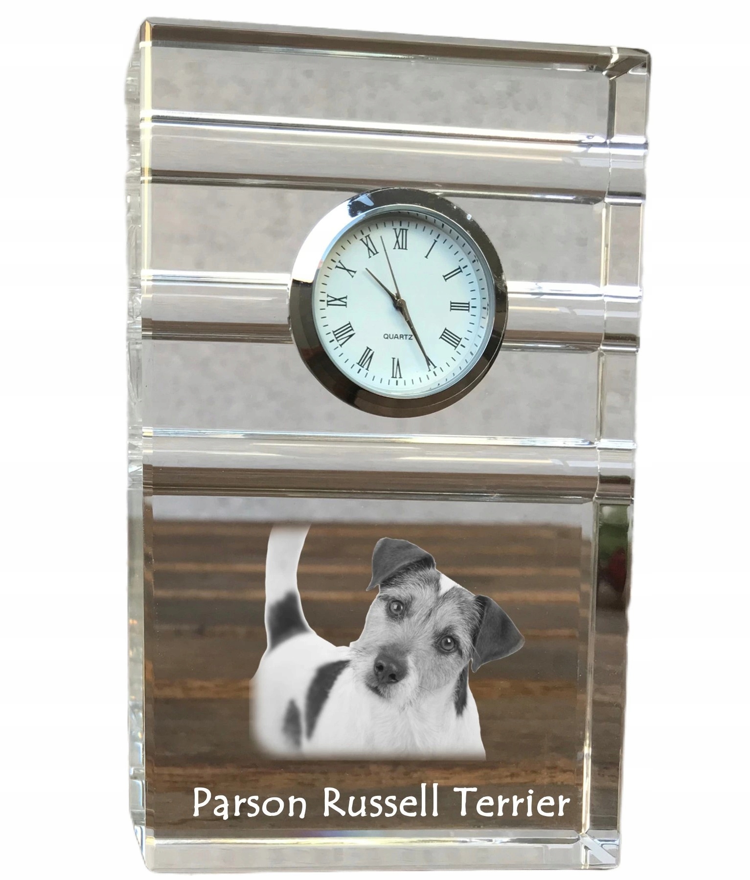 Parson Russell Kryštálový teriér s hodinkami na stôl s vašou fotografiou