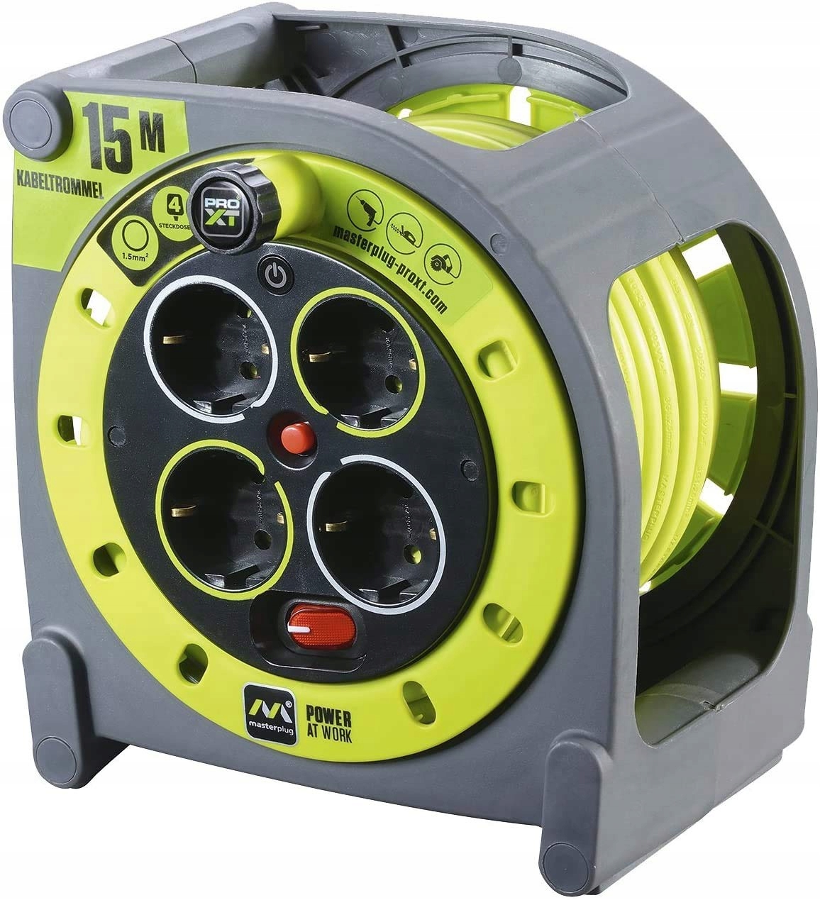 MASTERPLUG Pro-XT Przedłużacz Bębnowy 15m 4 Gniazda 3000W Szary Zielony — miniatura 2