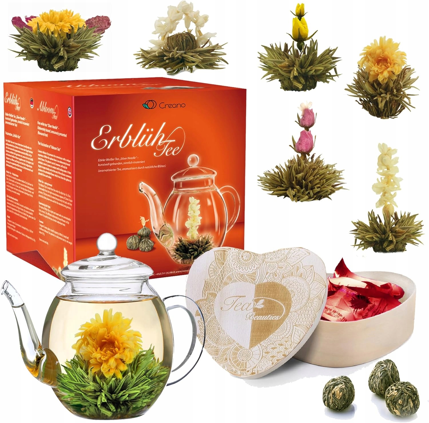 Kvitnúci Čaj Sada 6 Guličiek Drevená Krabička Džbán