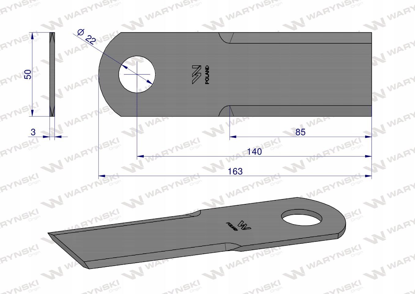 Nóż, obrotowy rozdrabniacz słomy sieczkarnia Bizon DYMINY/ŻUKOWO fi-22 WARY Numer katalogowy części WRR163X50X3