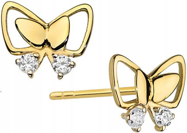 Zlaté náušnice 585 motýlky s diamanty, šroubky pro ženy, elegantní vzhled