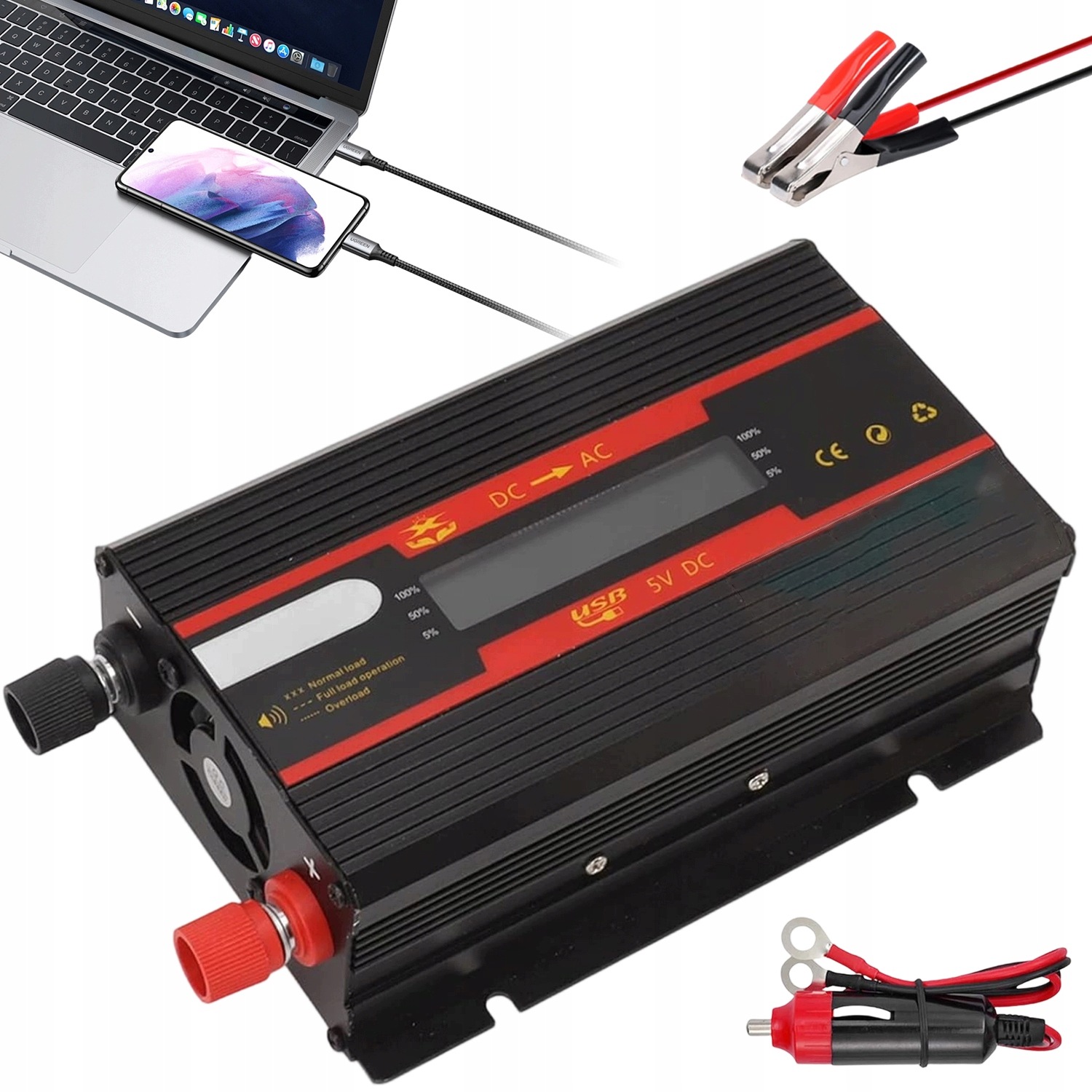 Měnič Napětí DC 12V/24V Na Ac 220V 700W Se Zásuvkou A Usb Porty