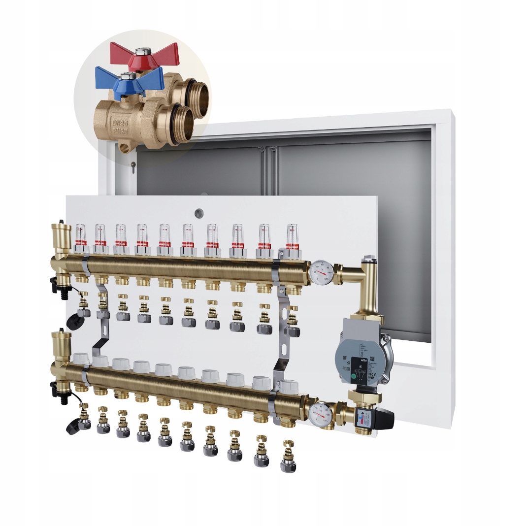 Rozdělovač podlahového vytápění 10 Skříňka na omítku+WILO+PEX+KULOVÝ Ventil