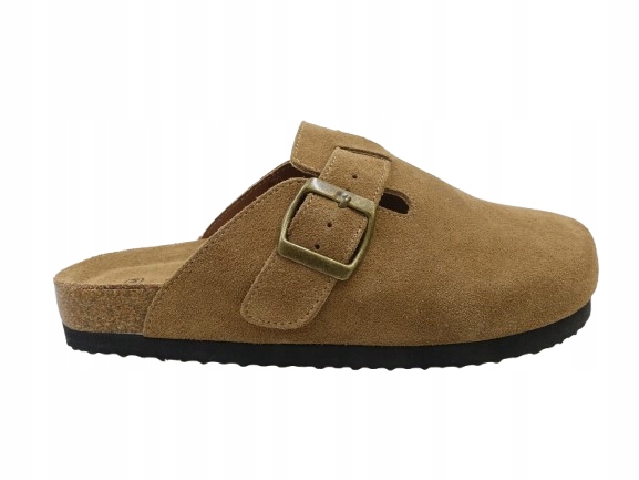 Pełne Klapki damskie Mule zamszowe skórzane brązowe karmelowe klamra 40