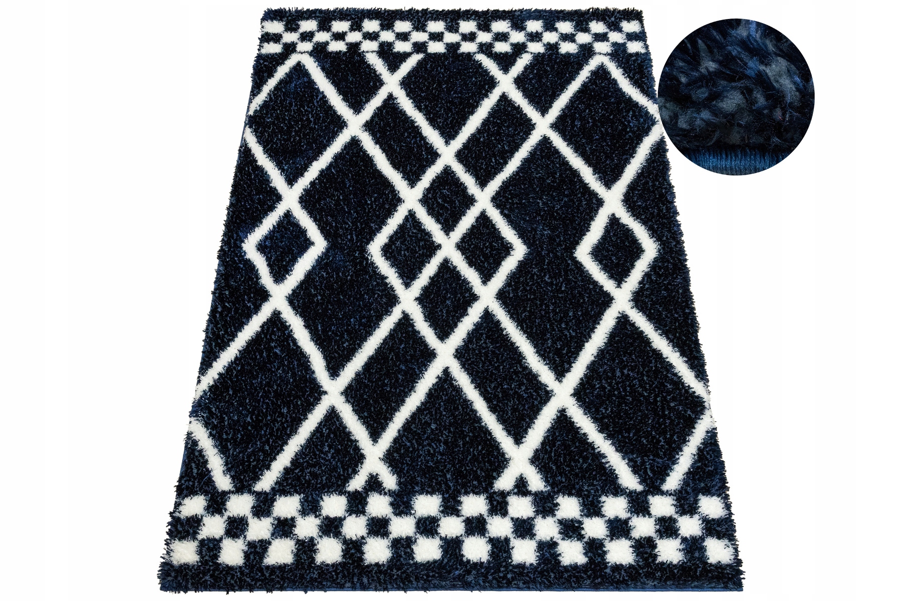 Dywan Shaggy Do Salonu Ciemny Granat Krem Romby Kartka Linie 240x330 cm