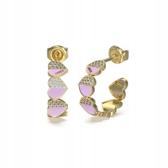 Náušnice Guess Krásná kolečka ze srdcí Zirkony Logo Ocel zlatá/růžová tyčinka