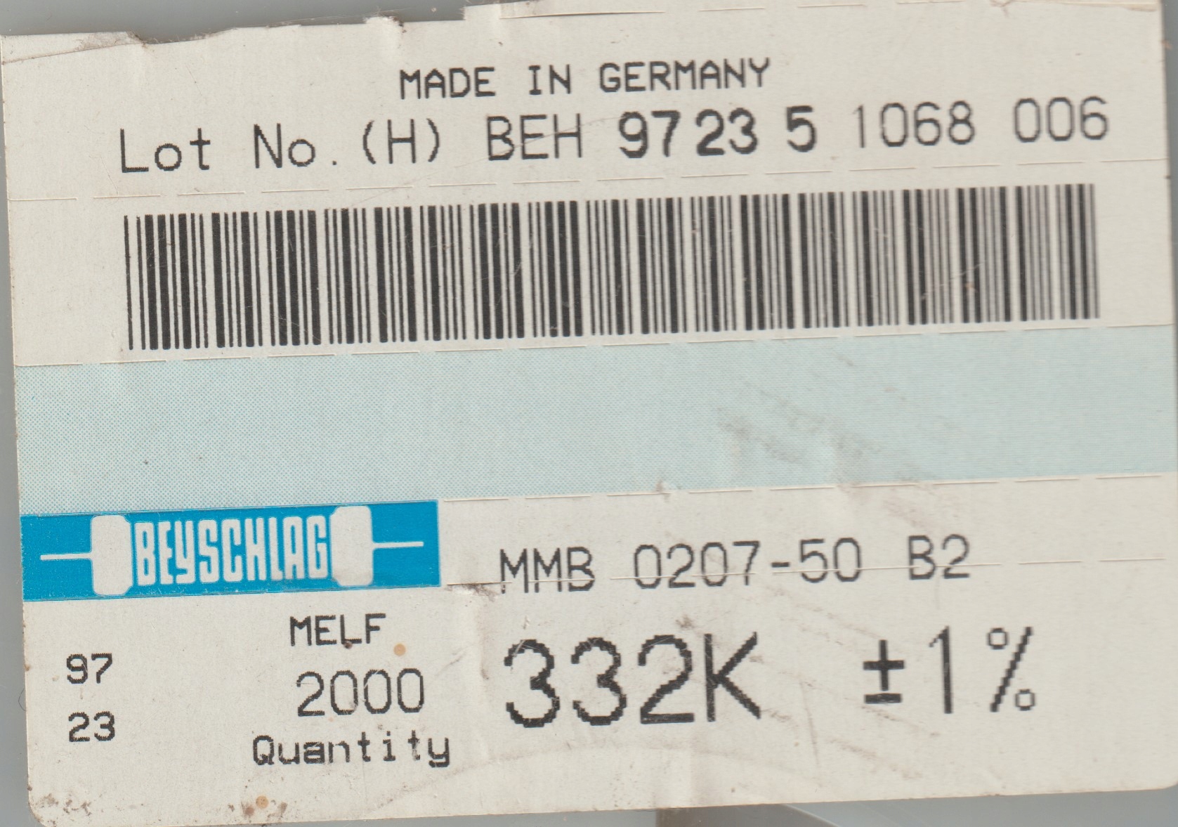 [20szt] 332K 1% 50ppm 1W rezystor Smd melf MMB0207 Beyschlag low noise