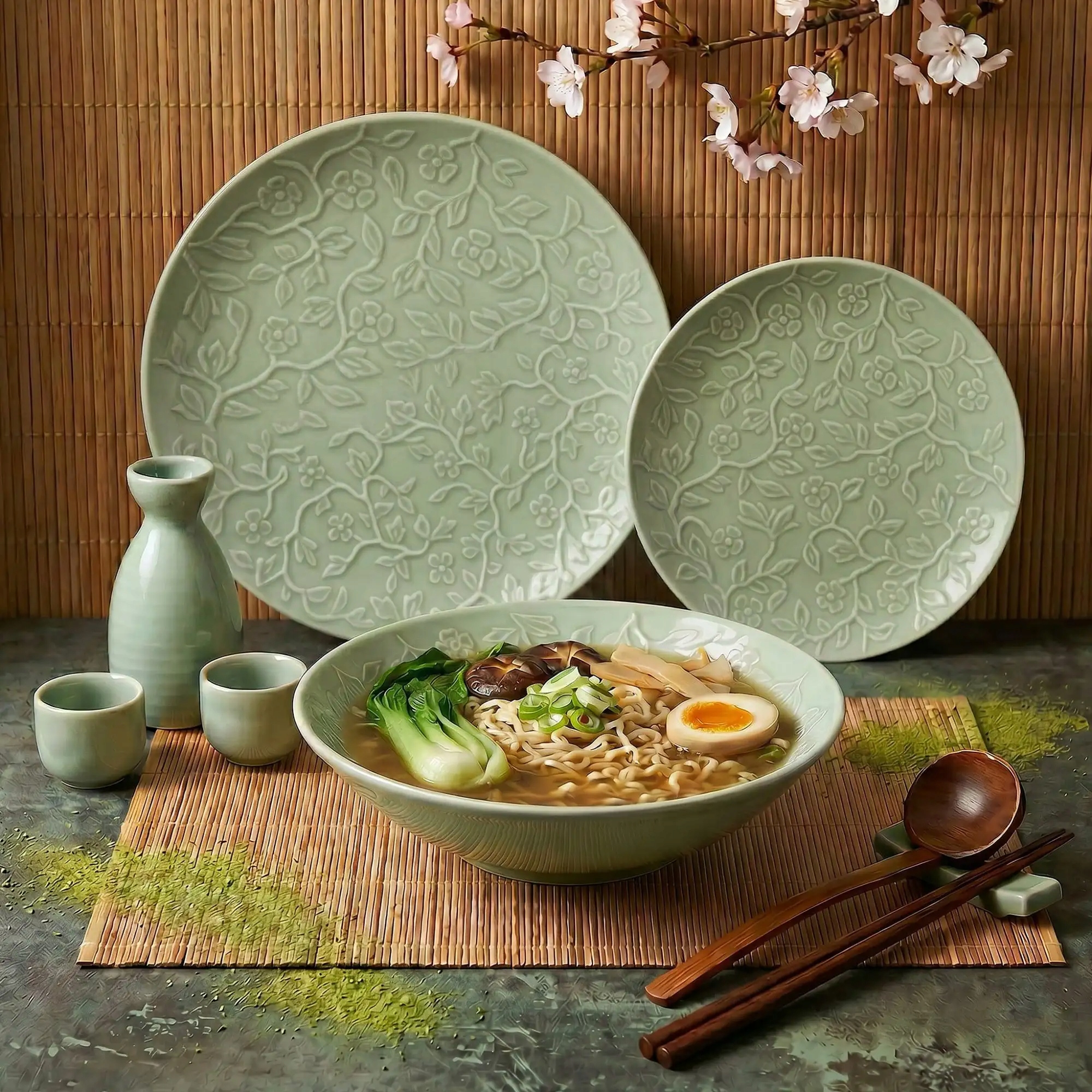 Lubiana Hanami Limonka Serwis obiadowy 36el 12 os porcelana kwiatowy relief