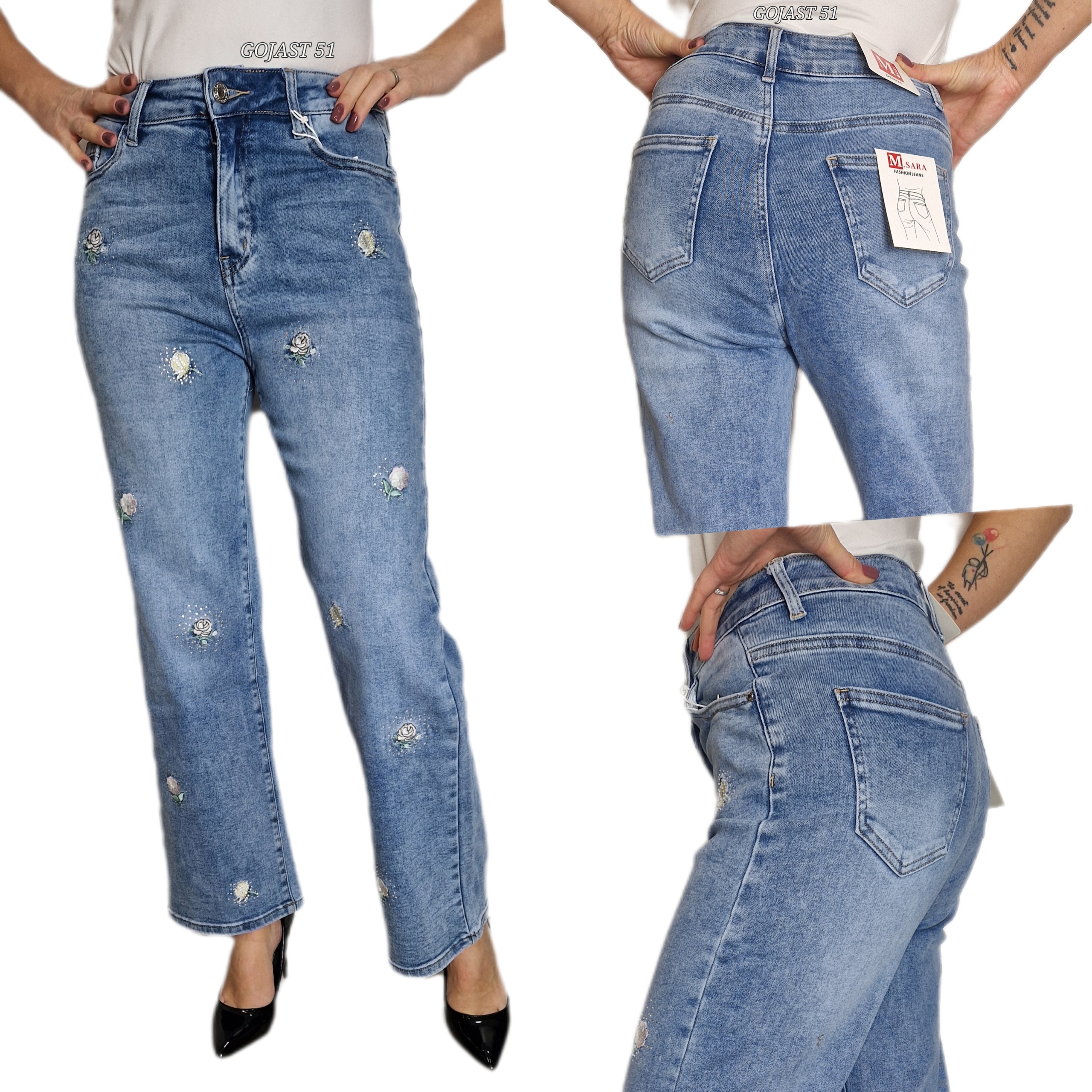 Dámské džíny s vyšívanými květinami