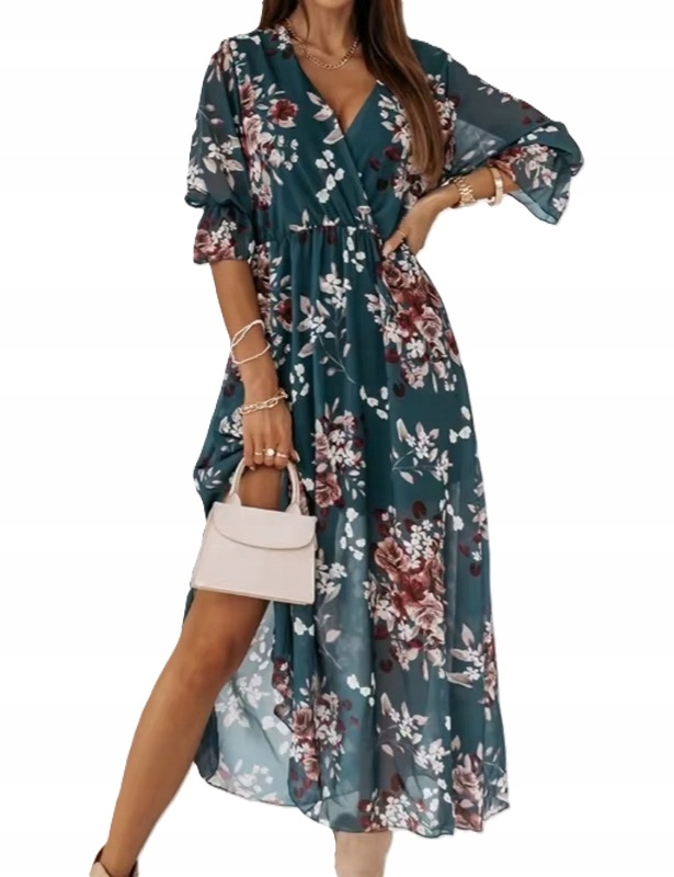 Sukienka damska zwiewna szyfonowa luźny krój długa kwiaty letnia