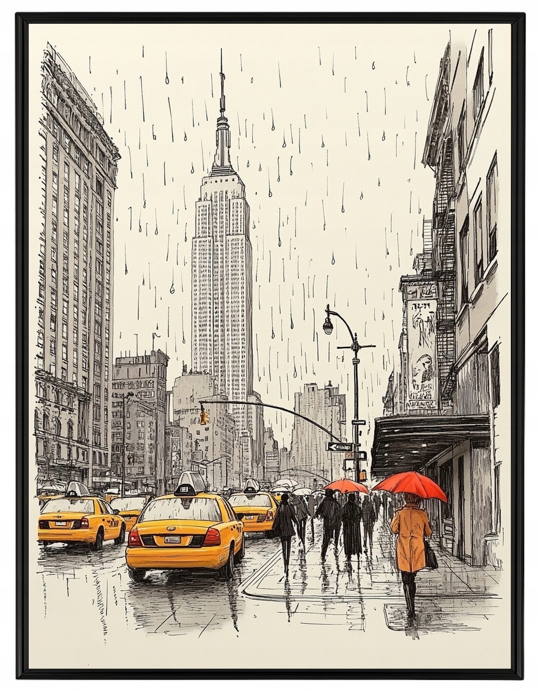 Plakát Rámeček Aluminium Grafika Město New York Ulice Taxi Déšť 60x80