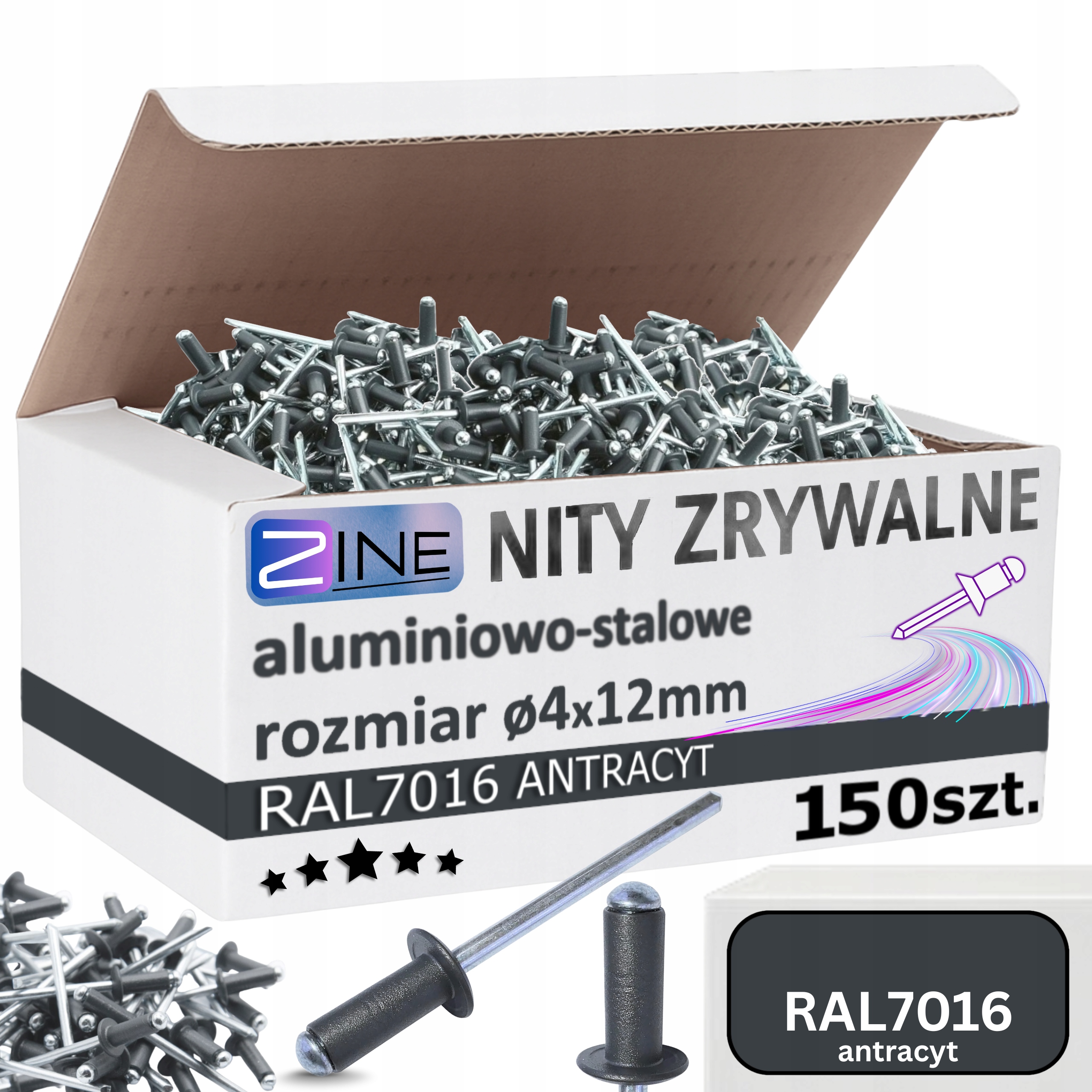 Nity Zrywalne 4x12mm Antracyt Kolor Ral 7016 Szary Grafit Zine 150 sztuk