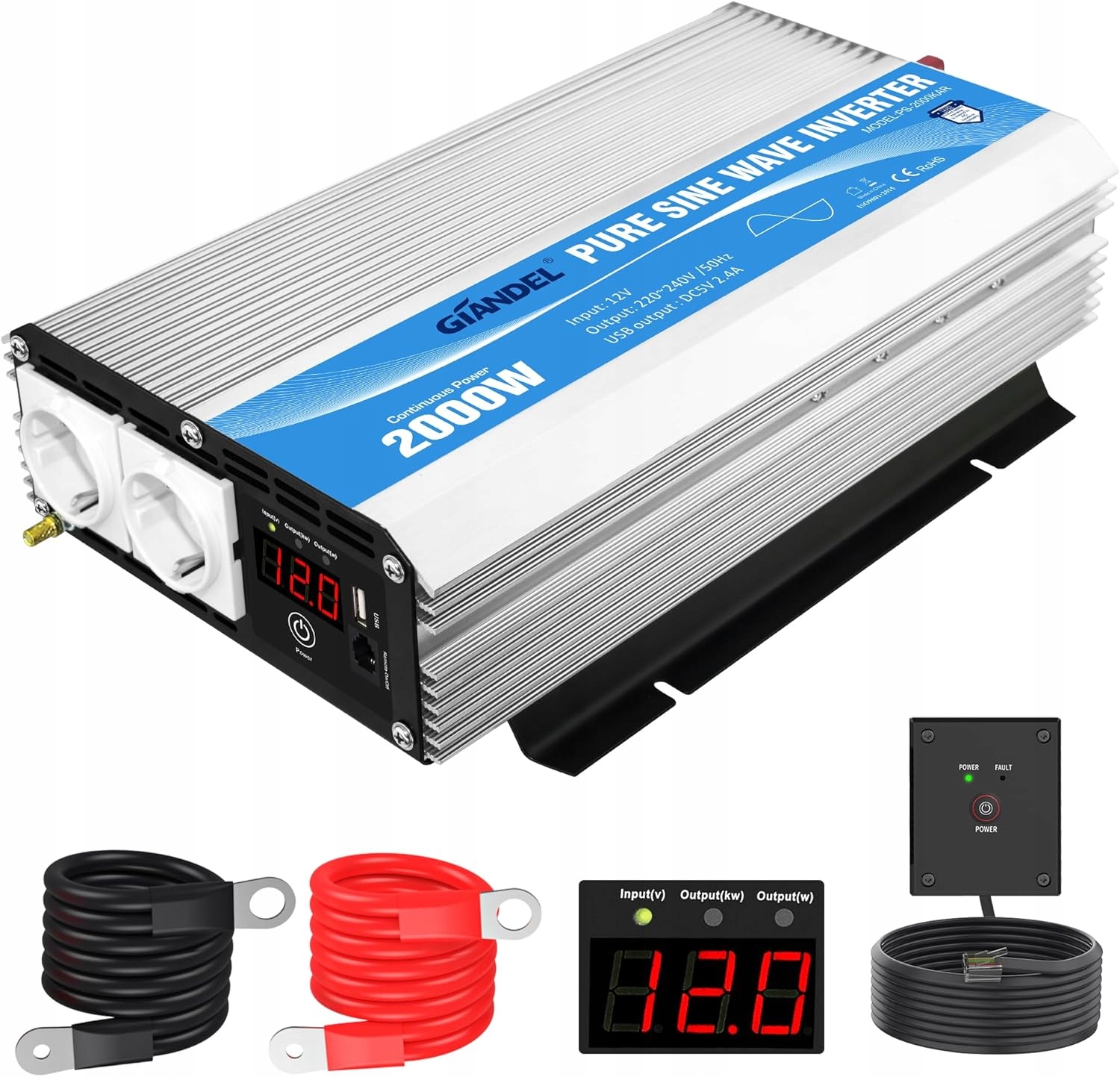 Invertor 2000 W 12 V/230 V čistá sínusová obrazovka s diaľkovým ovládaním pre karavany