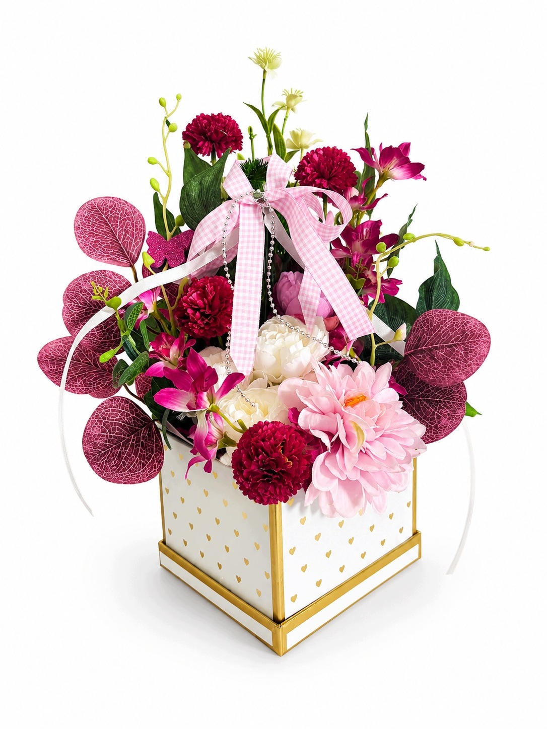 Flower Box z umělých květin Růžový Kompozice Dárek 37 cm