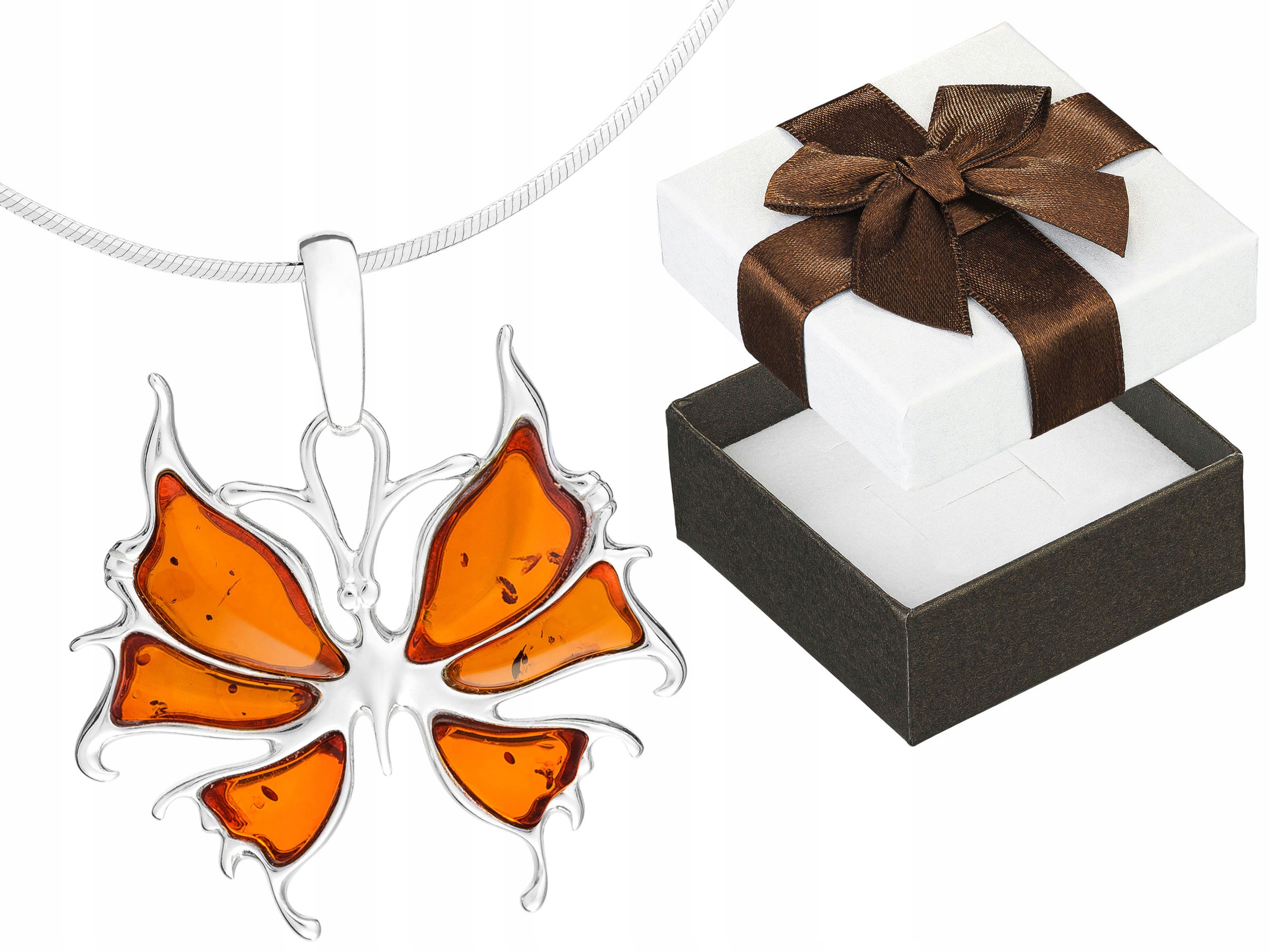 Krátký Stříbrný Dámský Náhrdelník Motýl s Jantarem Motýlek Choker Stříbro 40