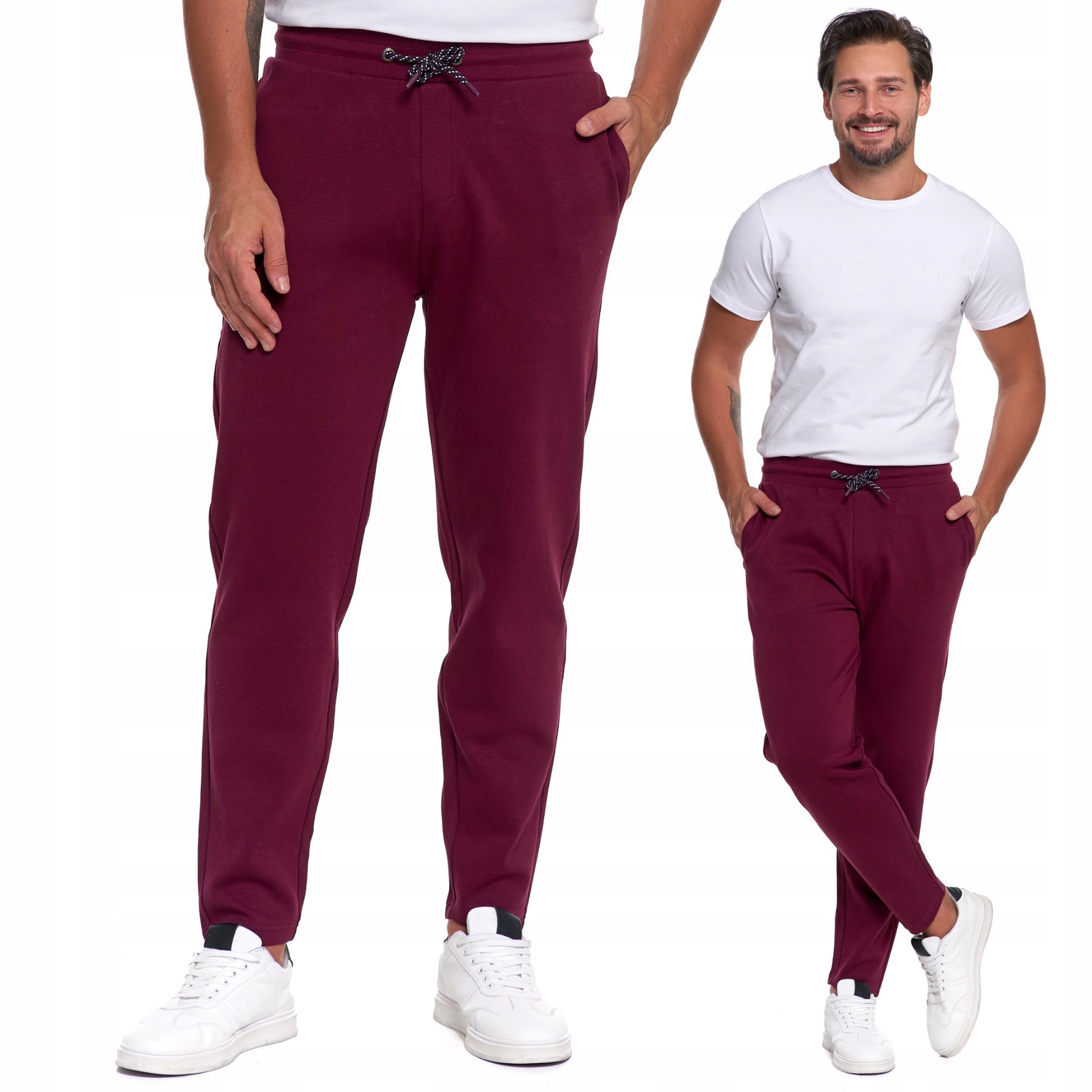 MĘSKIE DRESOWE SPODNIE BAWEŁNIANE DRESY JOGGERY SPORTOWE KLASYK BORDOWE XL