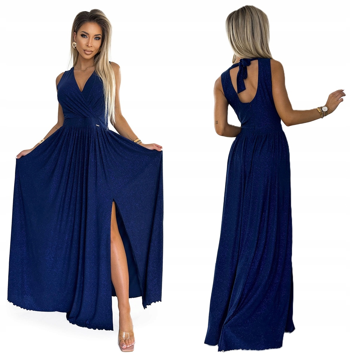 Karnevalová Dlouhá Šaty Se Zavazováním Kolem Krku, Výstřih, Tmavě Modrá Se Třpytkami