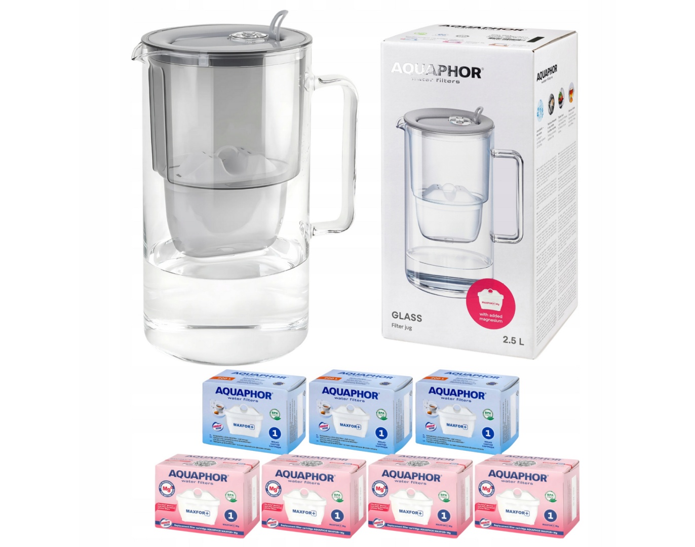 Dzbanek filtrujący szklany Aquaphor Glass 2,5l Szary 7 wkładów MIX