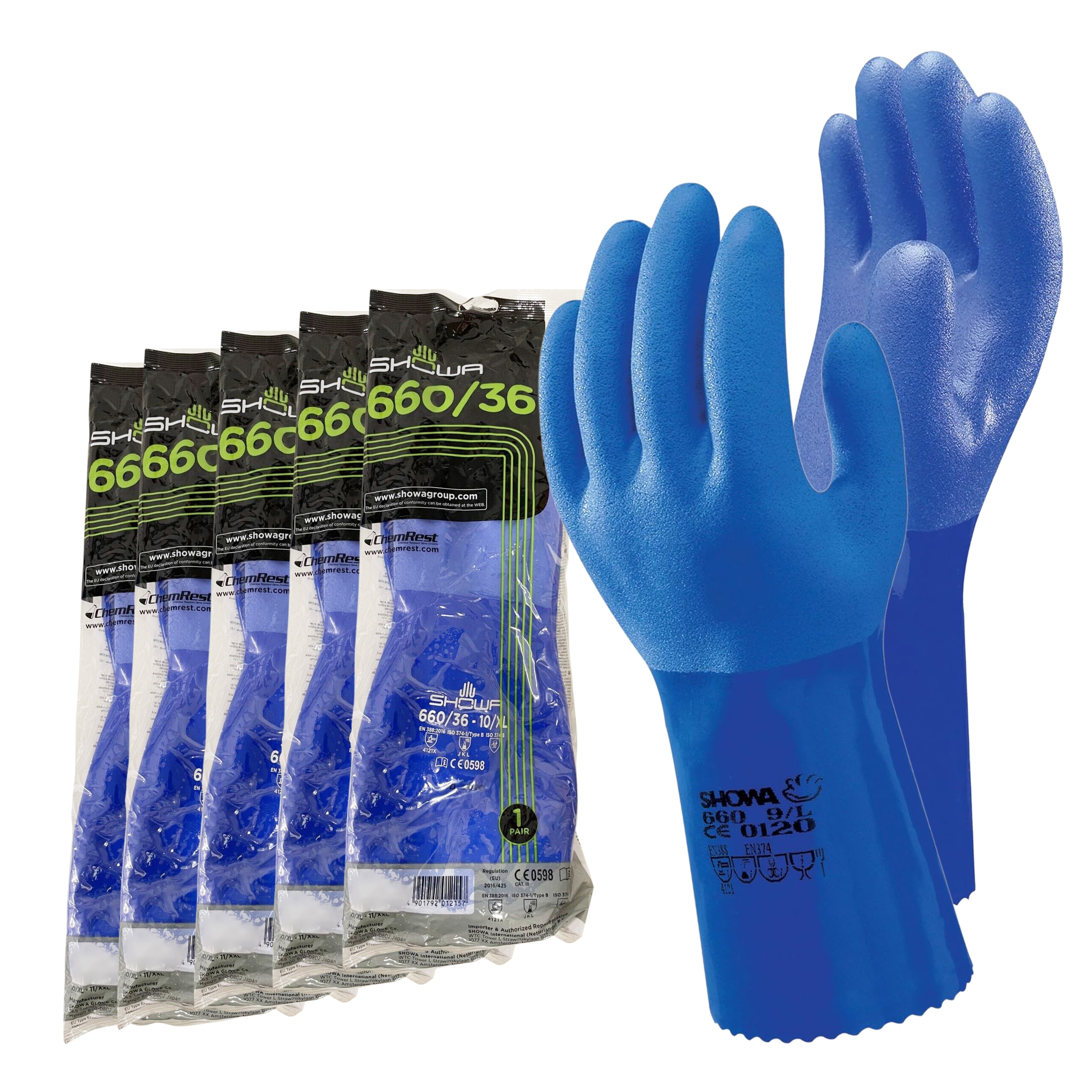 5 Par Rękawice Robocze Chemoodporne Bhp Chemiczne Ochronne Showa 660 r.9-L