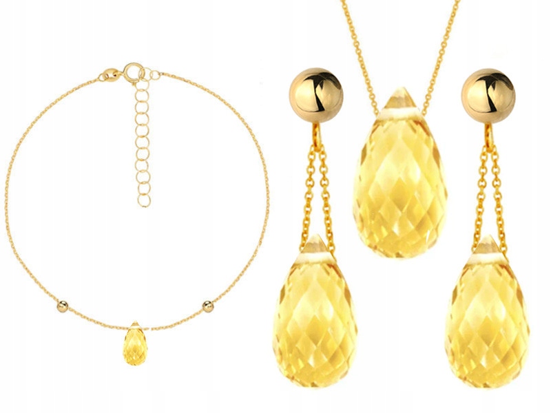 Zlatý komplet šperků 585 žlutá kapka citronů přírodní kámen slza 14kt