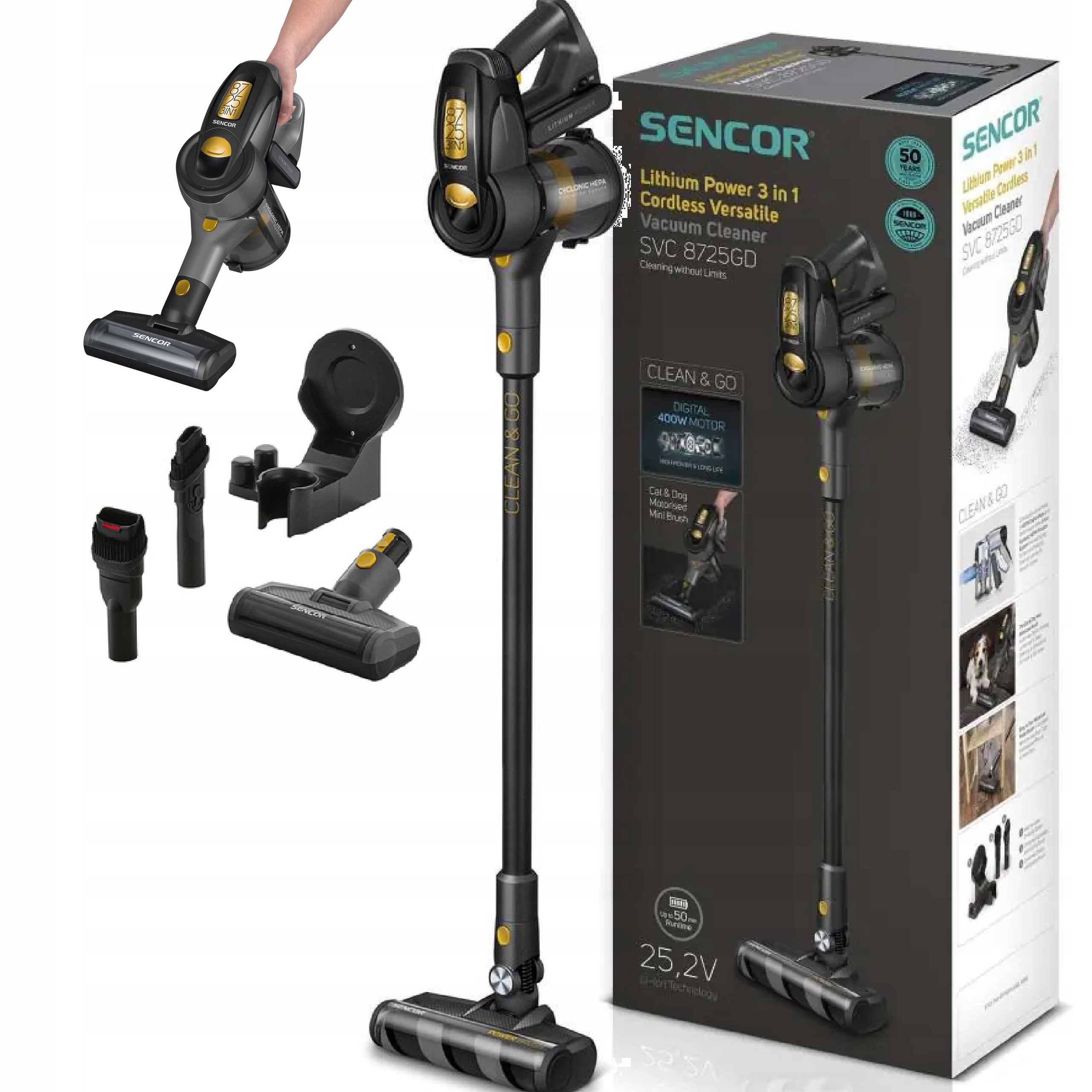 Odkurzacz pionowy Sencor Svc 8725GD moc 400W 2500mAh bezworkowy 3w1 czarny