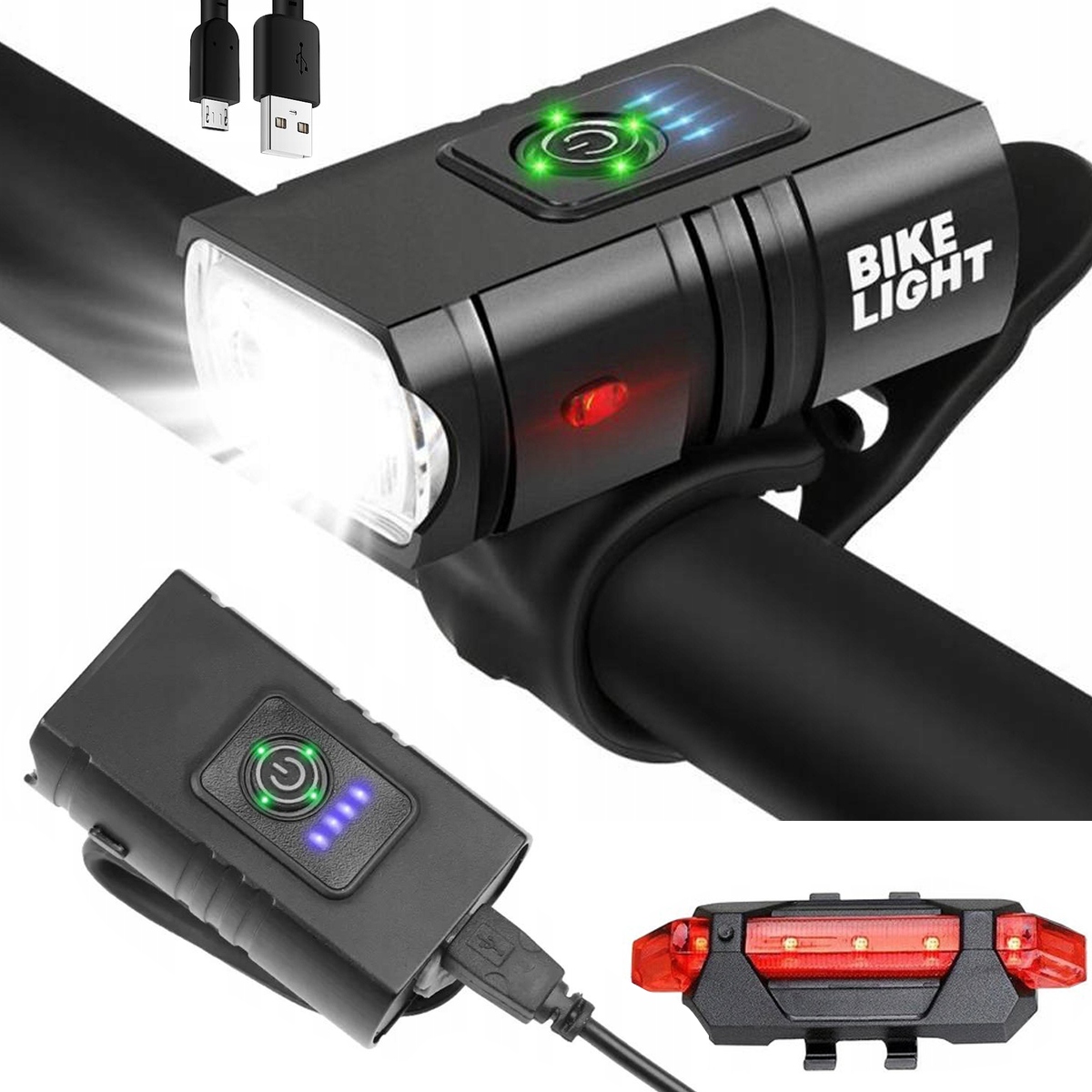 LAMPKA ROWEROWA MOCNA PRZÓD TYŁ NA KIEROWNICE 800lm LED WODOODPORNA USB