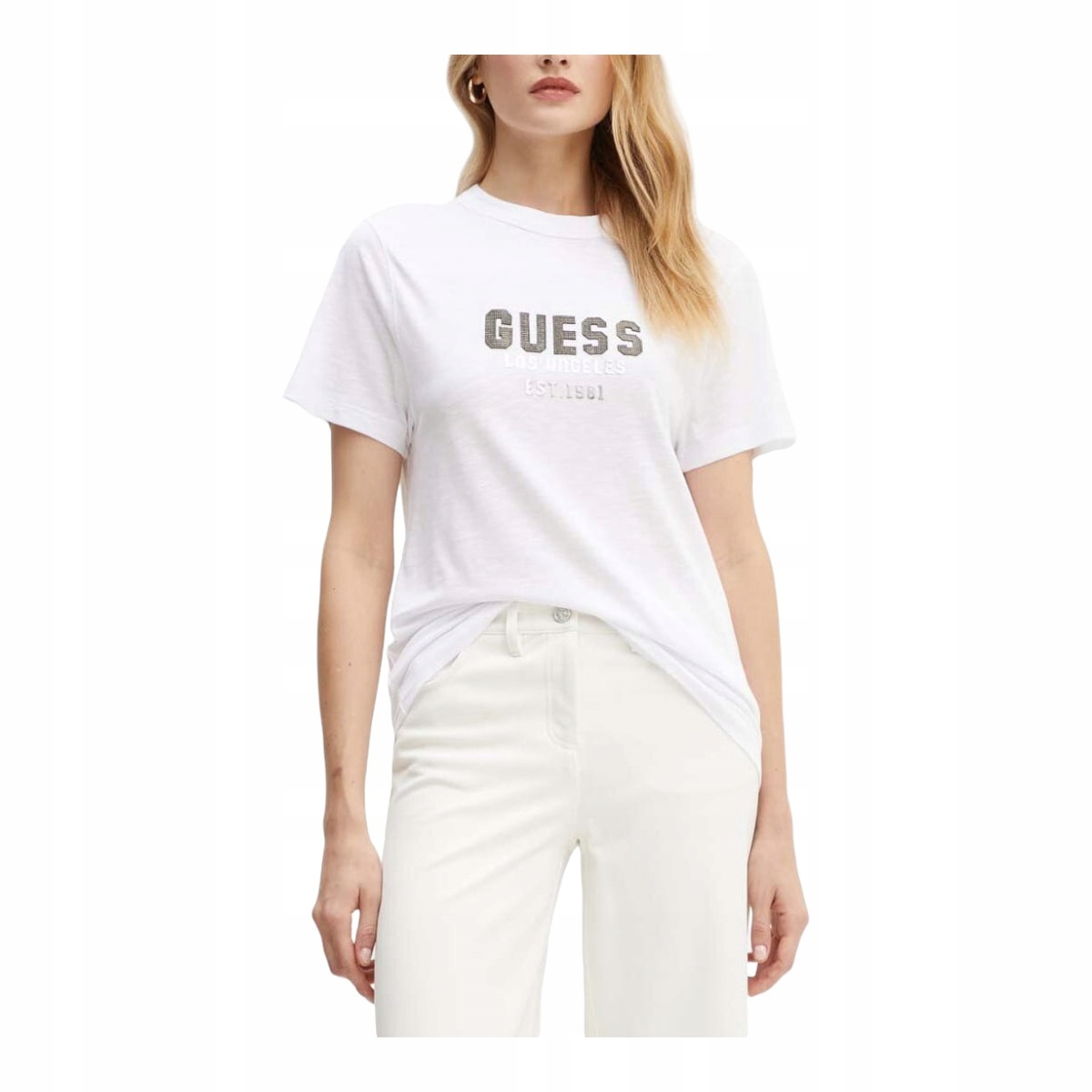 Guess Tričko Dámské Tričko Ss Cn Pyramide Studs Tee Bílá vel. M