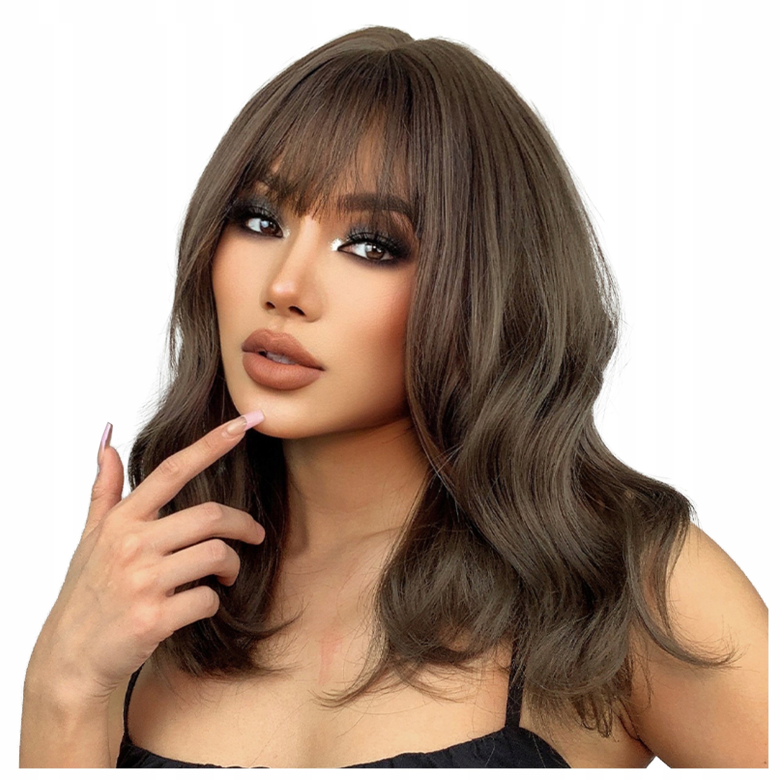 Peruka damska Brązowe włosy do ramion Jak Naturalna brąz Grzywka fale