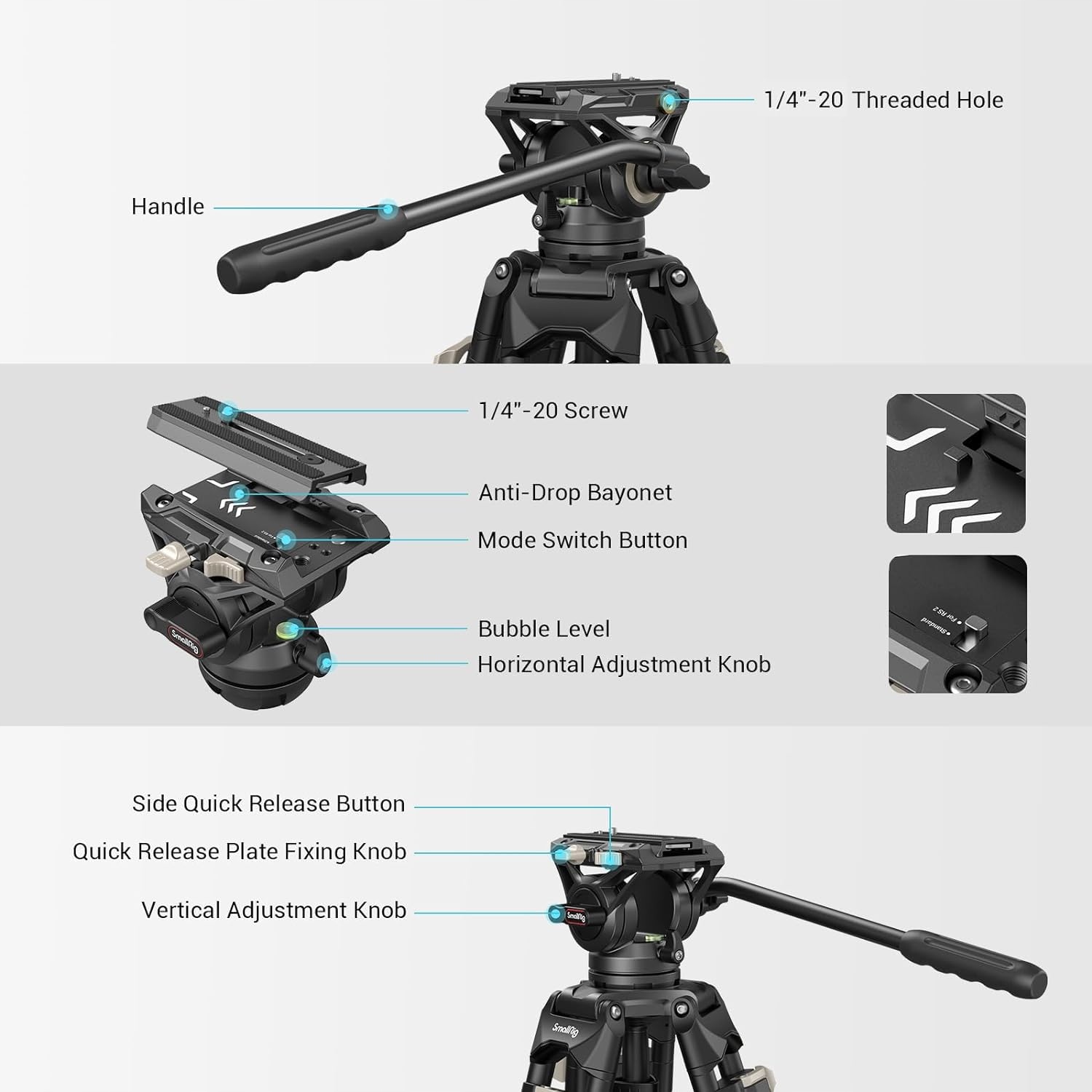 SMALLRIG Statyw Wideo 186 cm z Głowicą 360° i Płytką do DSLR 8 kg — miniatura 3