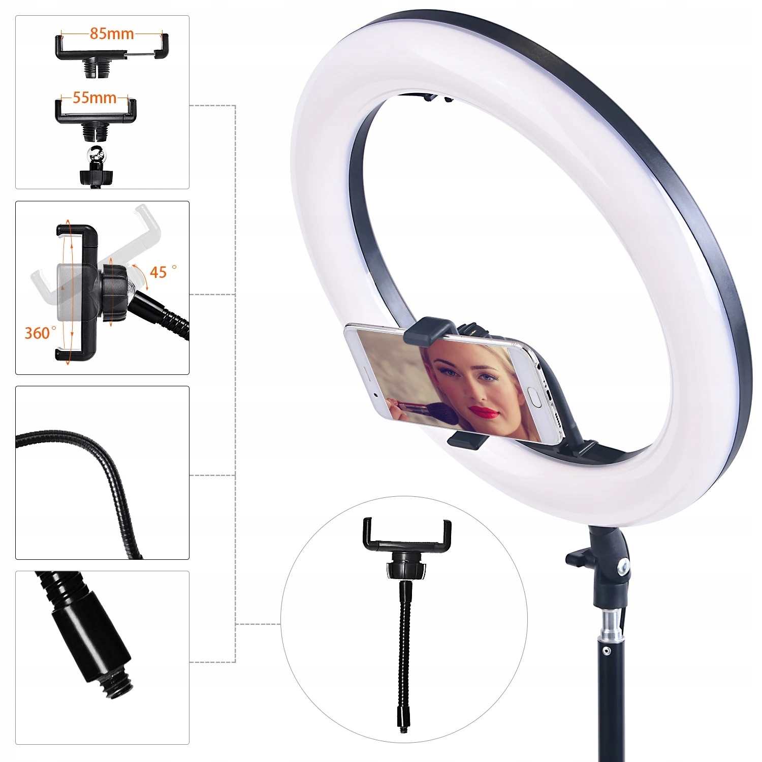 LAMPA PIERŚCIENIOWA LED RING ZE STATYWEM ZDJĘĆ FILMÓW SELFIE MAKIJAŻ 240W Marka Inna