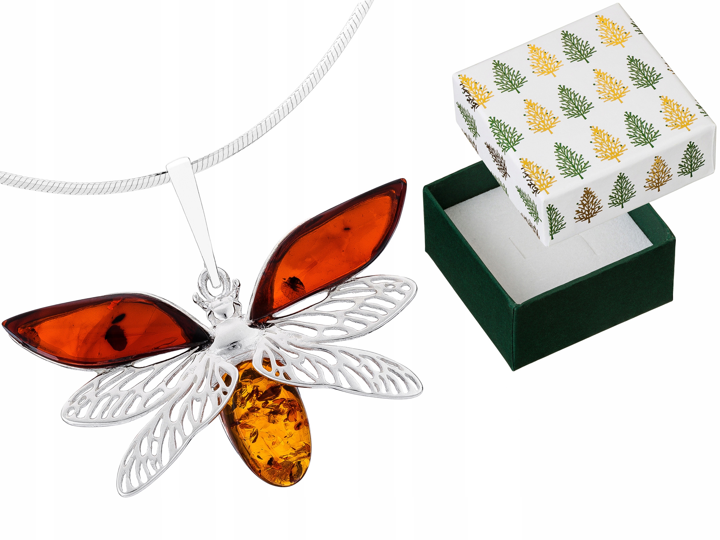 Stříbrný náhrdelník Chrabrý s jantarem Krásný hmyz Stříbro Jantar 60 cm