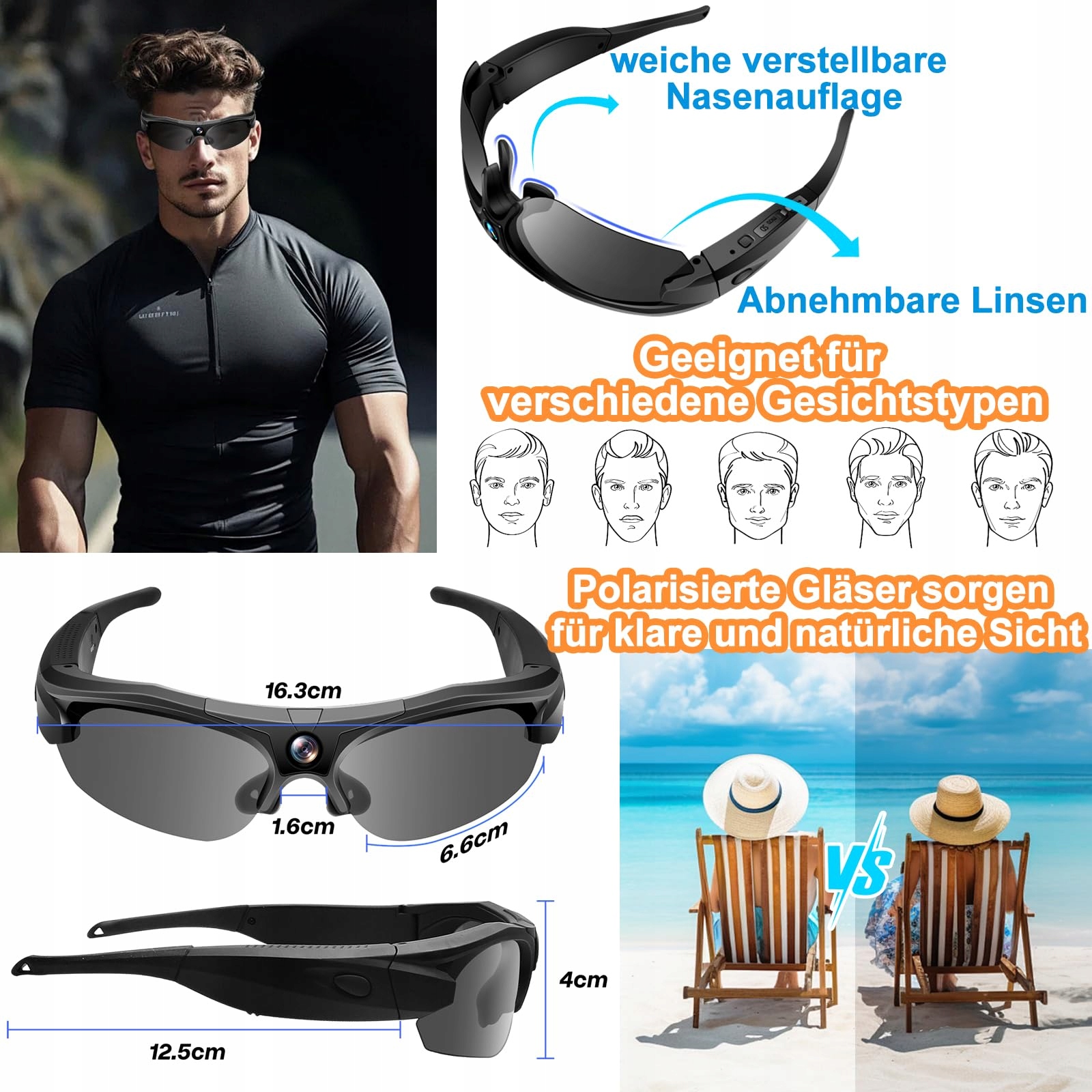 PUDET LUO Kamera Okulary WiFi 4K 120° Obiektyw Sportowa Kamera Akcja — miniatura 5