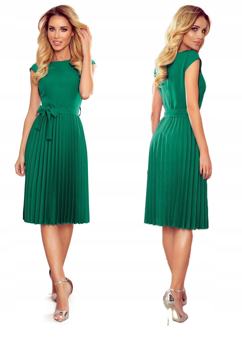 Krásné Plisované Šaty S Mašličkou V Pase, Krátký Rukáv, Lahvově Zelená Barva X