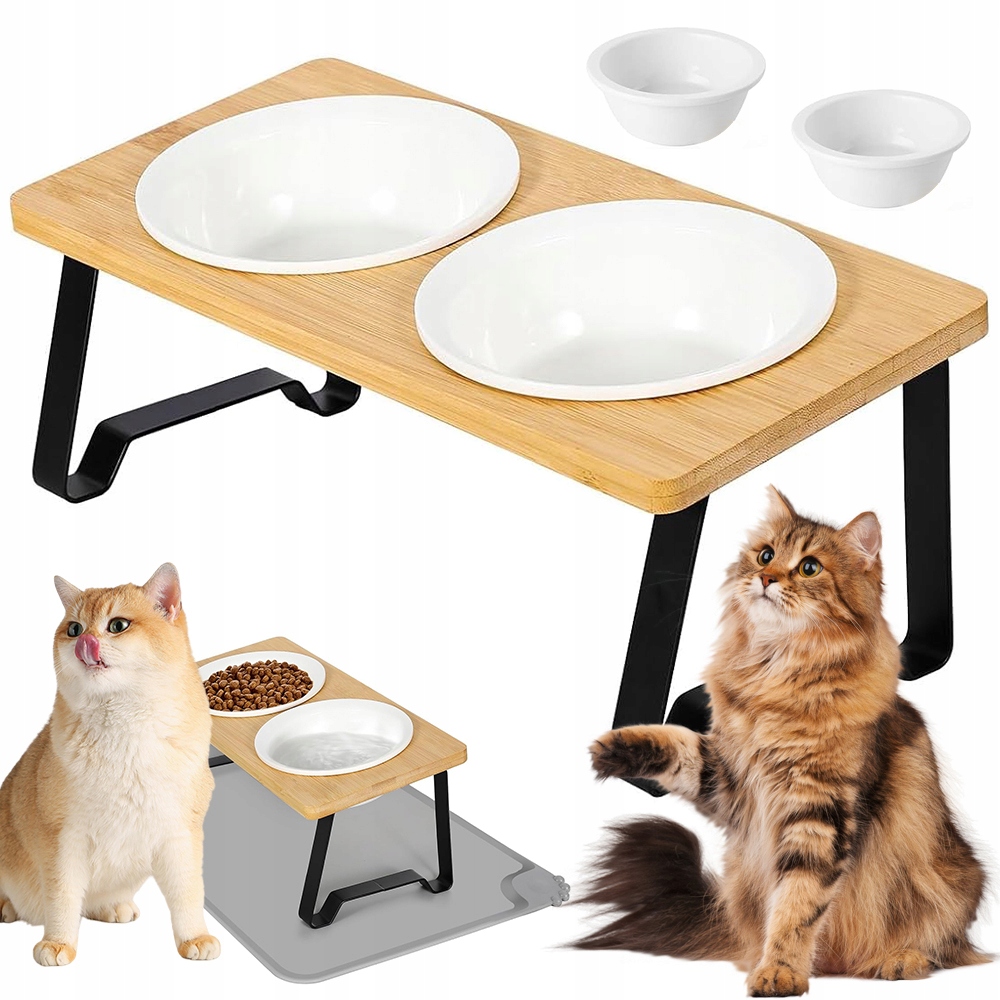 Levně Keramická Miska Pro Psa A Kočku 2 Misky Na Stojan Dřevěná Základna