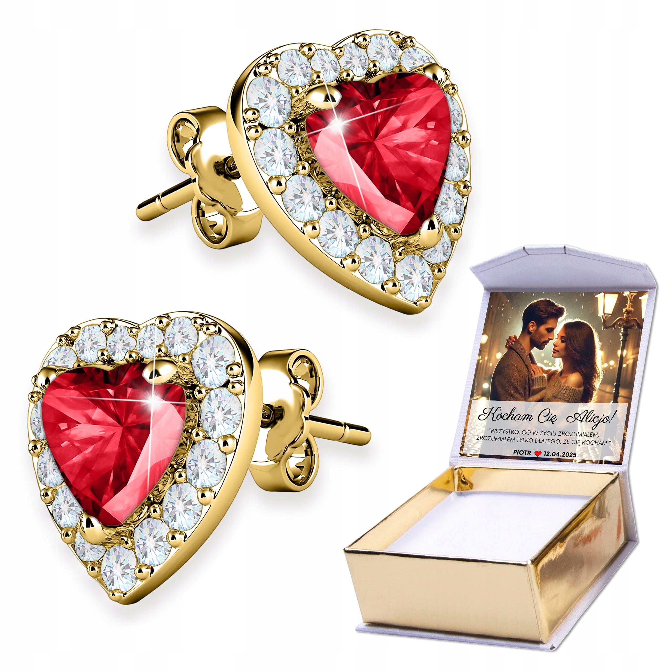 Zlaté Náušnice 925 Červené Rubínové Srdce Křišťálové Zirkony Potisk