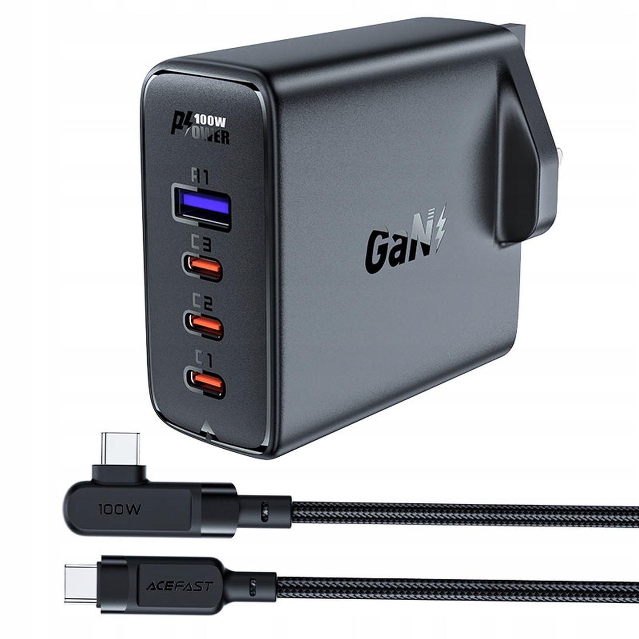 2v1 Kabel a rychlá síťová nabíječka GaN, anglická zástrčka Uk 100W Pd 3x U