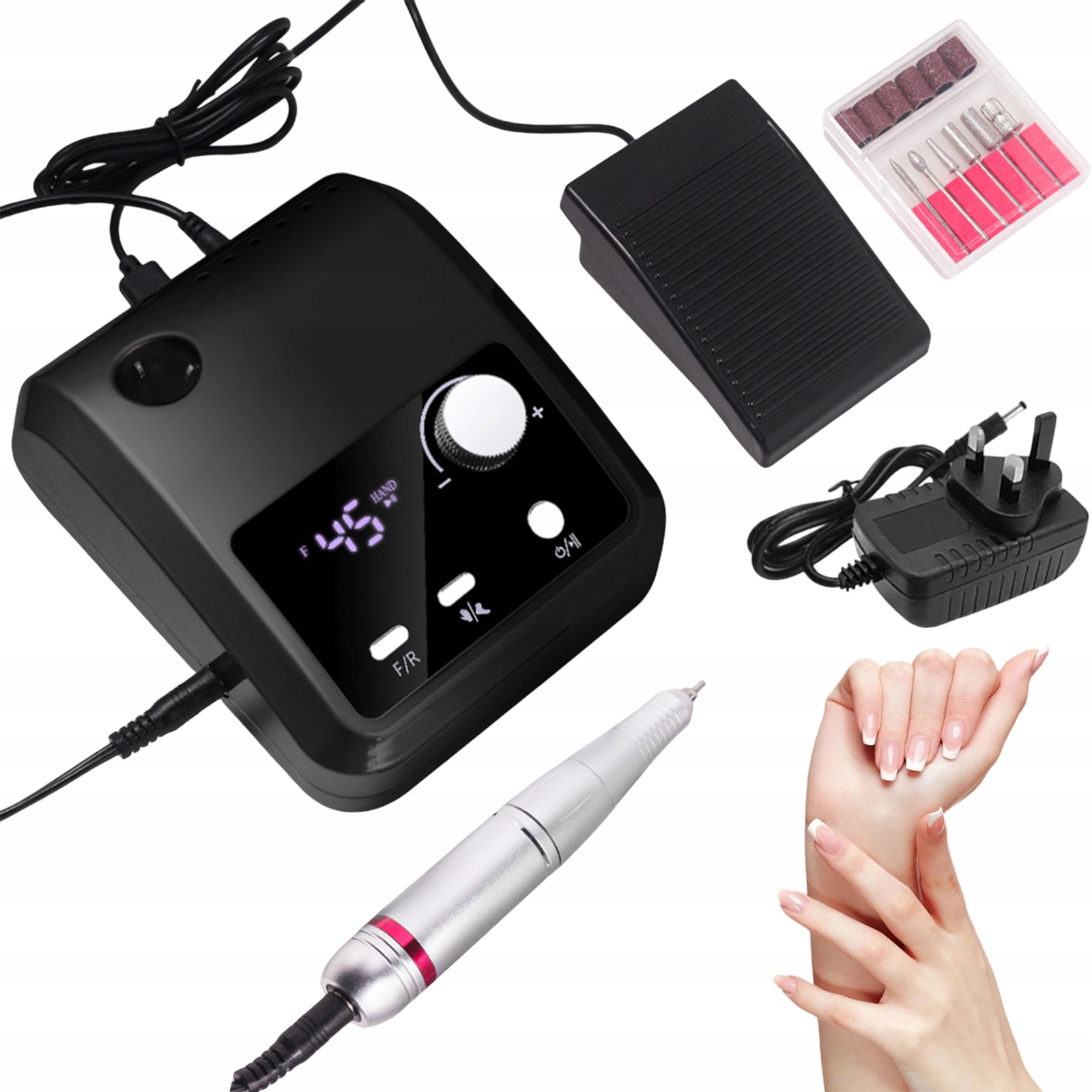 Bruska Na Nehty 45000 Rpm Profesionální S Pedálem A Frézkami, Černá