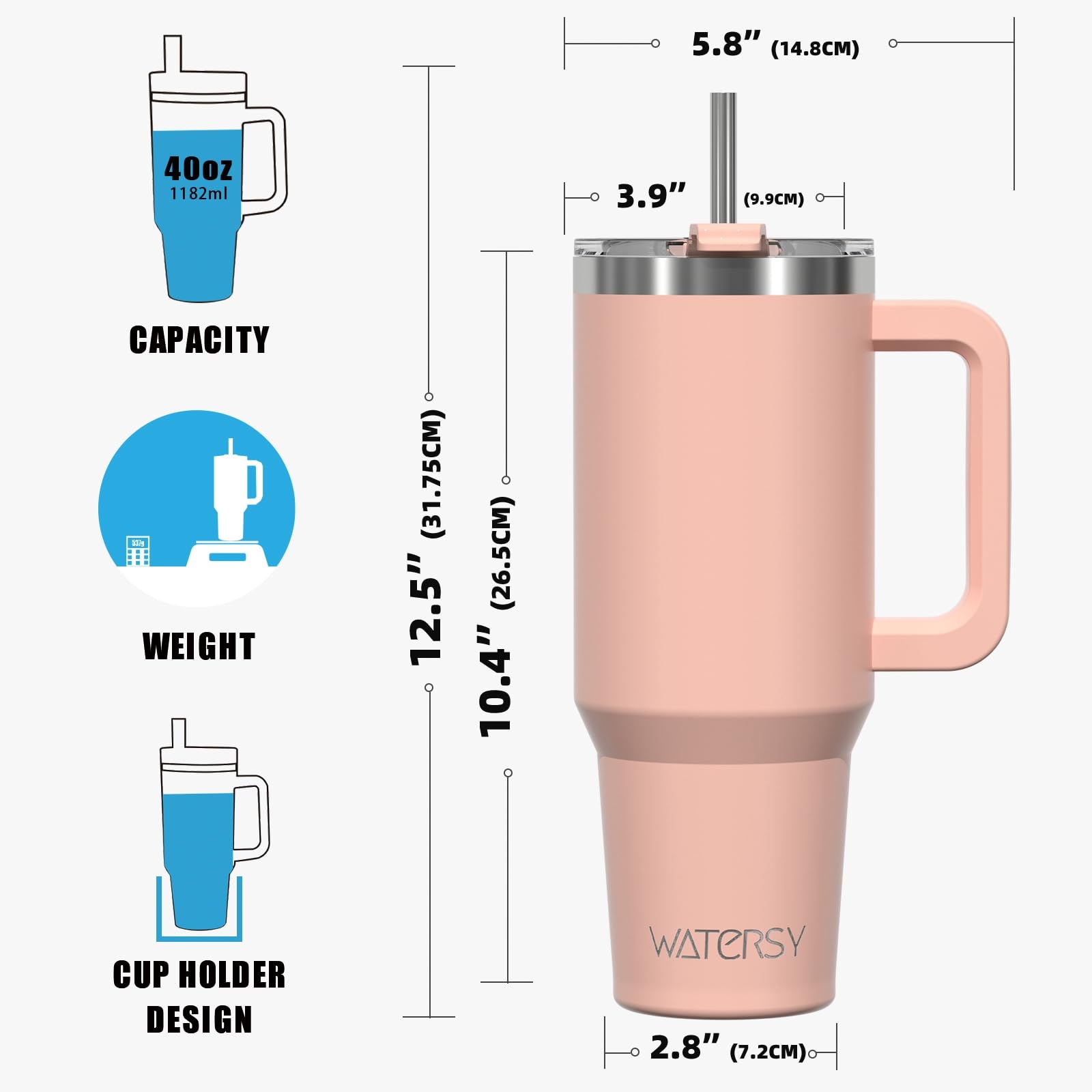 WATERSY KUBEK TERMICZNY STALOWY PODWÓJNE ŚCIANKI Z UCHEM I SŁOMKĄ 1182 ML — miniatura 9