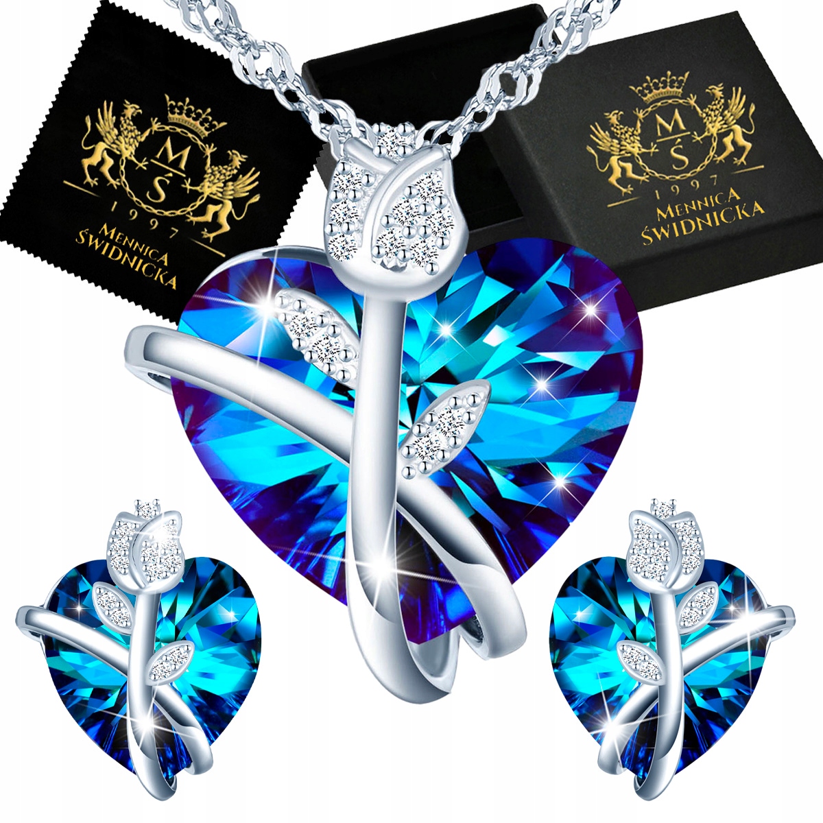 Komplet Biżuterii Srebrny Srebro 925 Kolczyki Naszyjnik Grawer