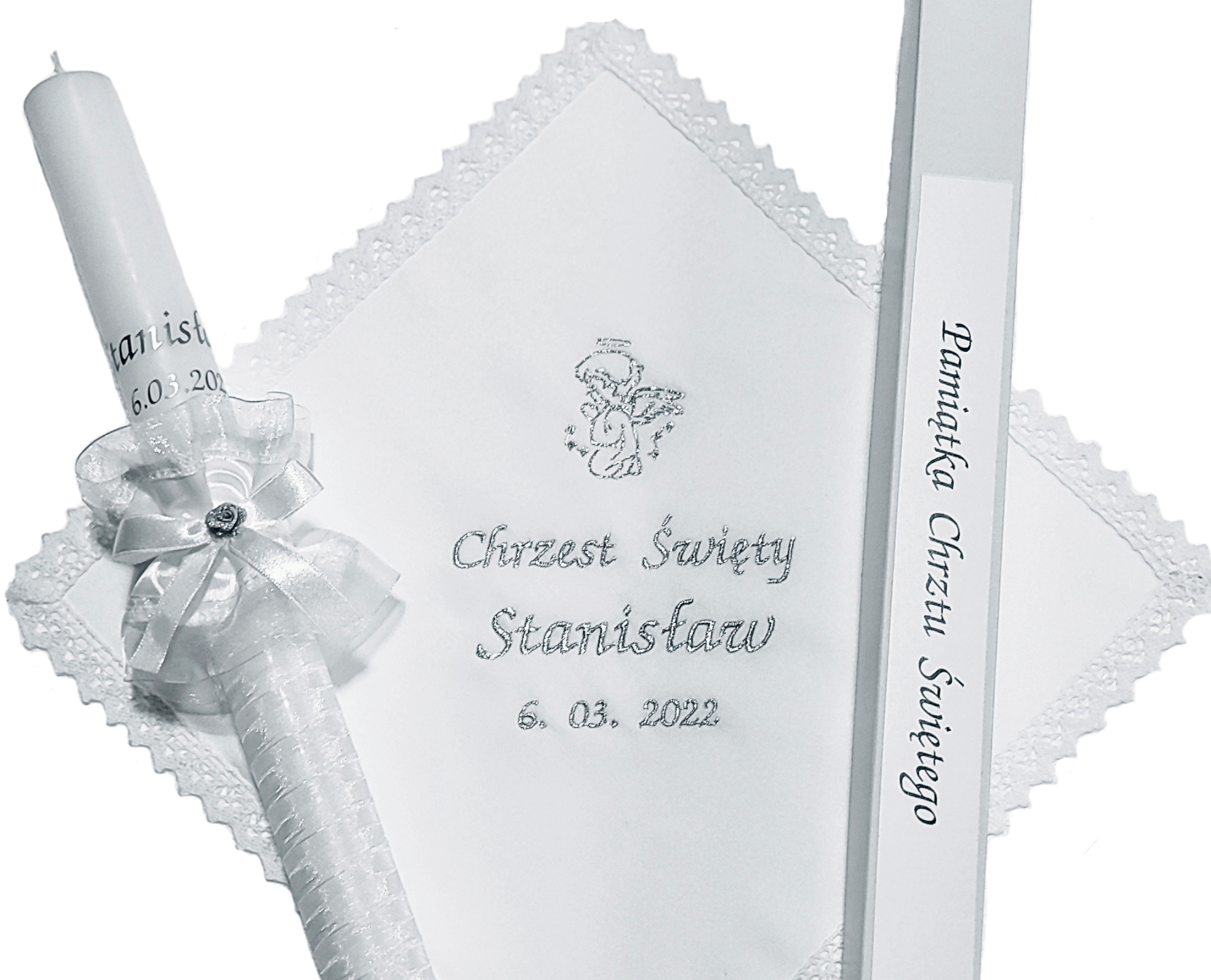 

Szatka i Świeca Do Chrztu imię data Haft