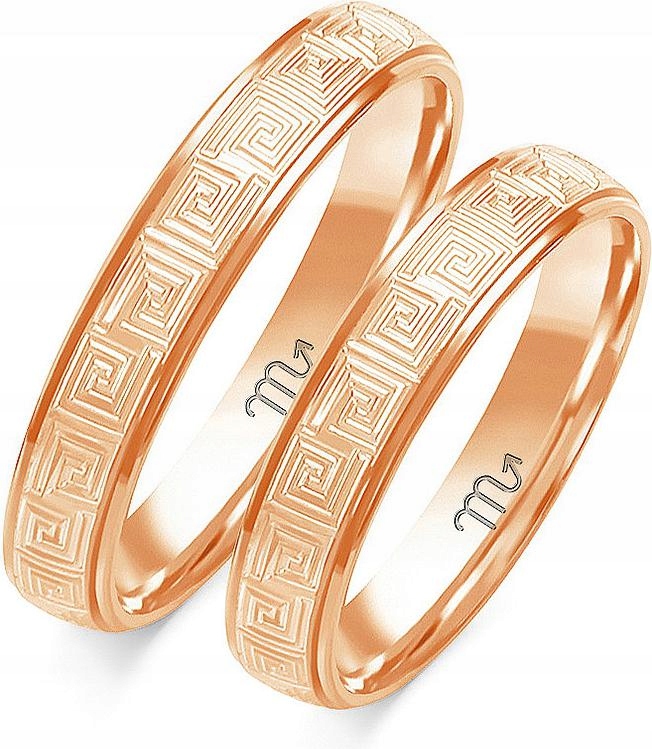 Zlatý snubní prsten na svatba pro pár 14K 585, 23 24 25, gravírování s řeckým vzorem